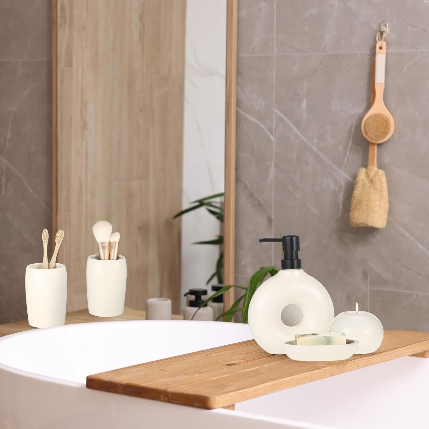 5 Pcs Ceramic Bathroom Accessory Set in Beige
