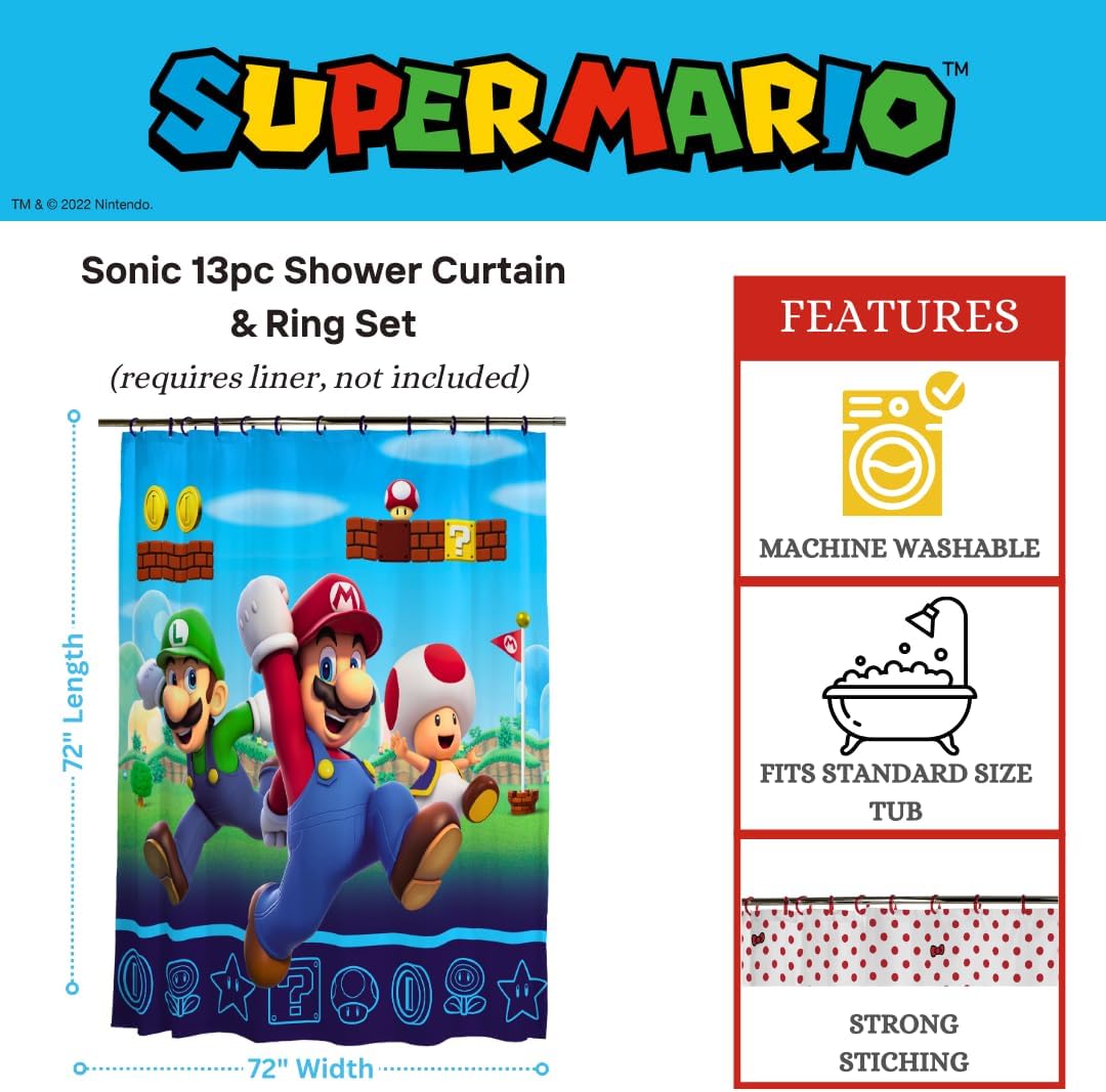 Franco Super Mario 13 Piece Shower Curtain and Ring Set