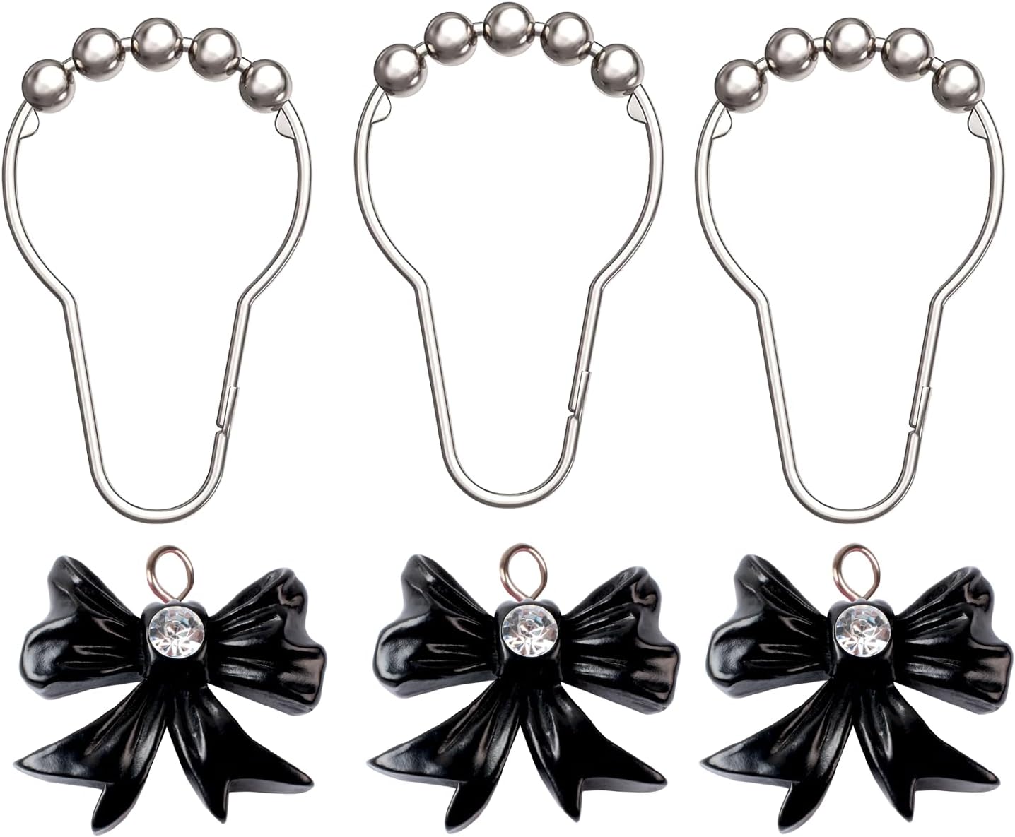 12-Piece Set of Black Bow Knot Shower Curtain Hooks for Bathrooms