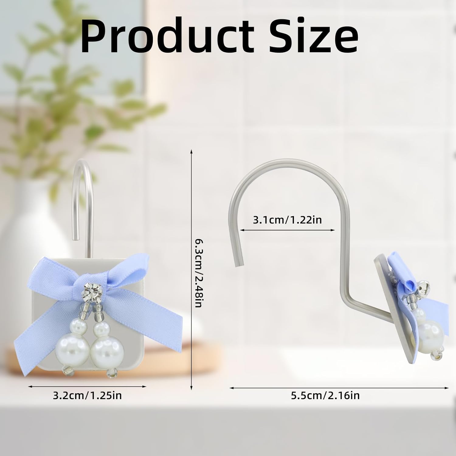 Decorative Shower Curtain Hooks 12PCS Blue Silvery
