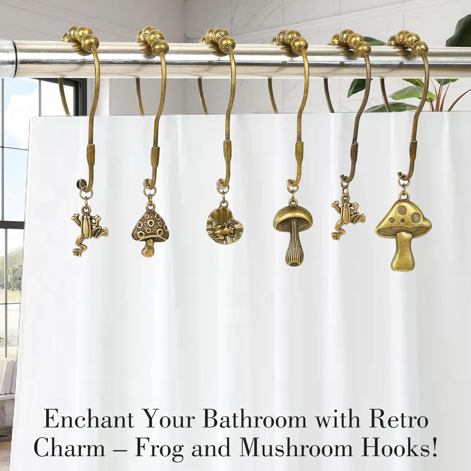 Cost-Effective Retro Shower Curtain Hanger with Frog and Mushroom Design