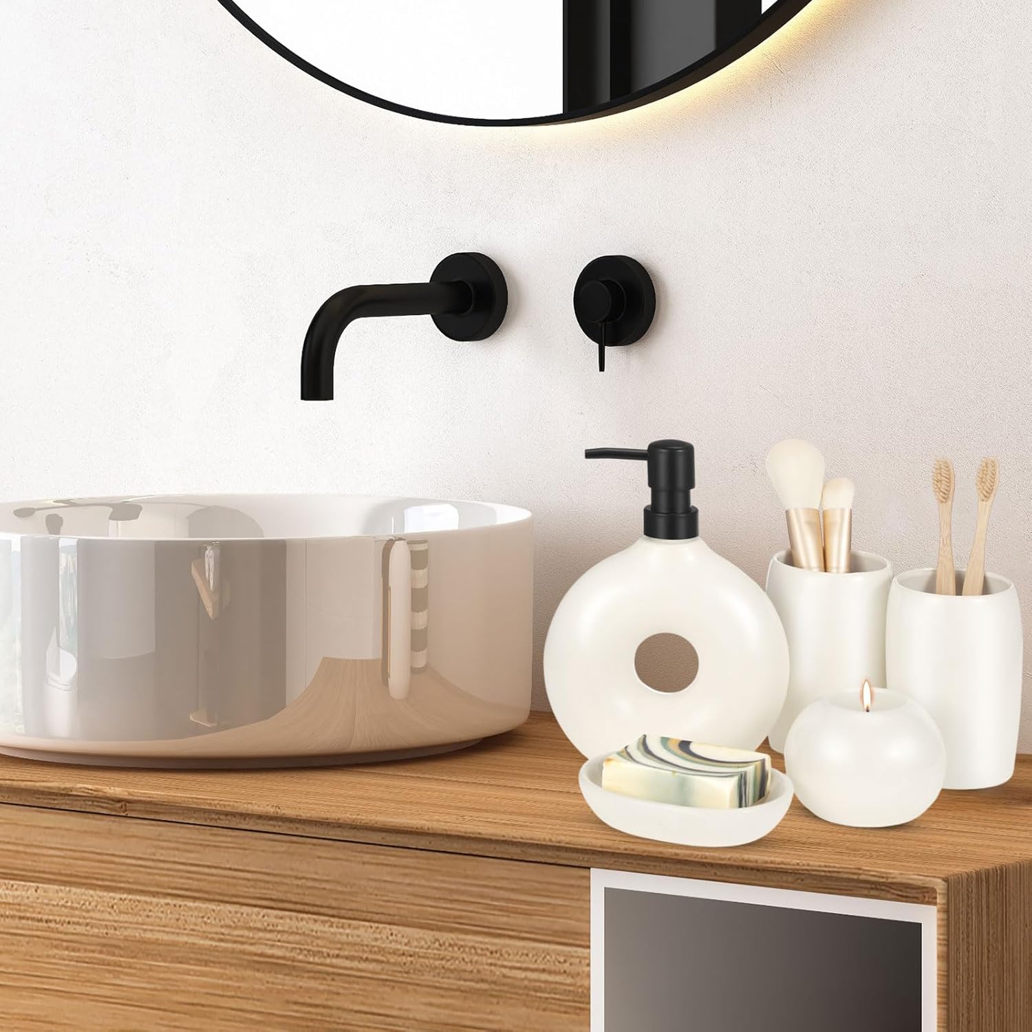 5 Pcs Ceramic Bathroom Accessory Set in Beige