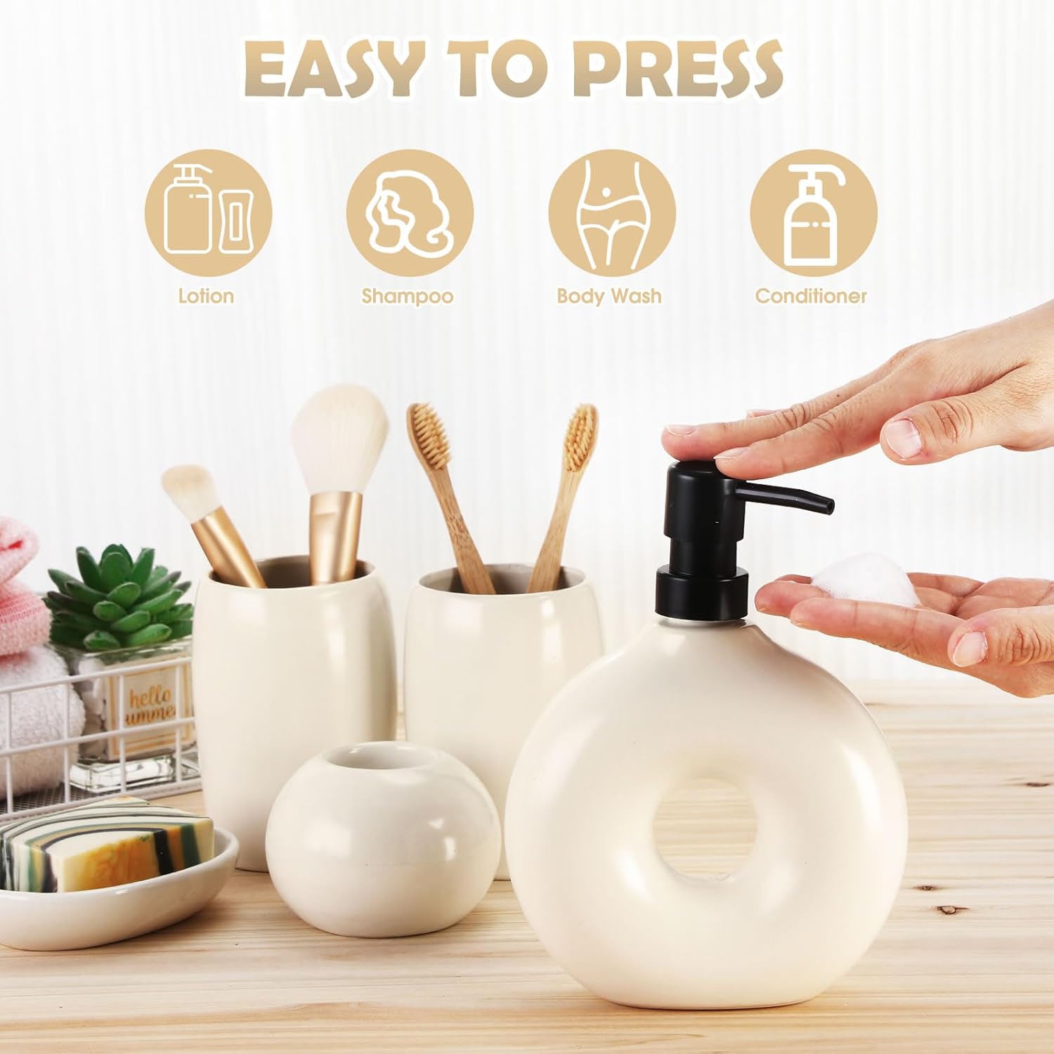 5 Pcs Ceramic Bathroom Accessory Set in Beige