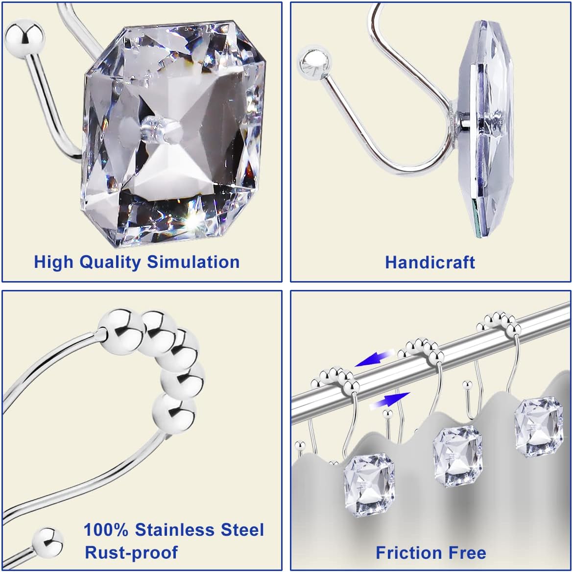 12-Piece Double Shower curtain Ring with Glide Action Crystal Clarity