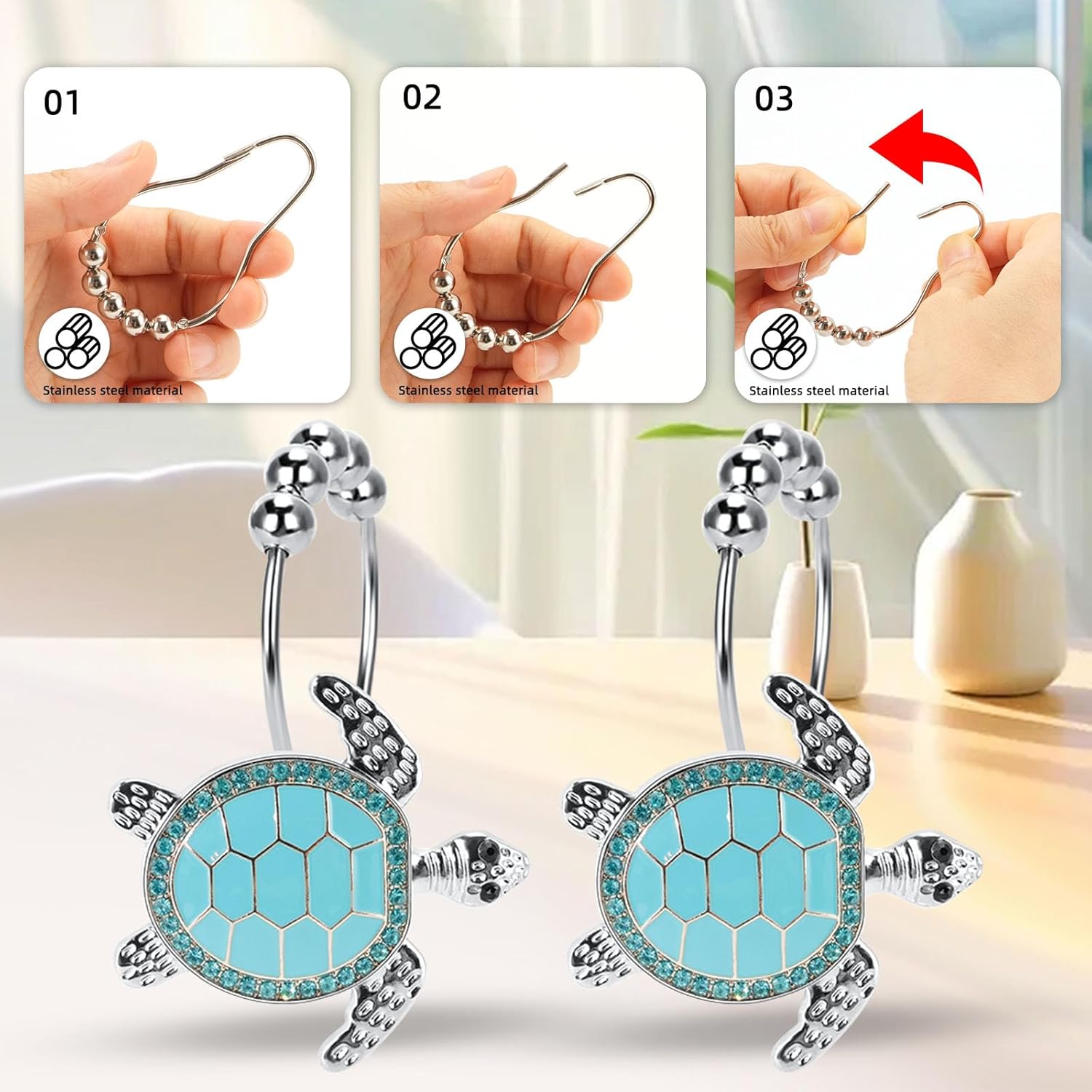 Bristling Blue Turtle Decorative Shower Curtain Hangers Set 12