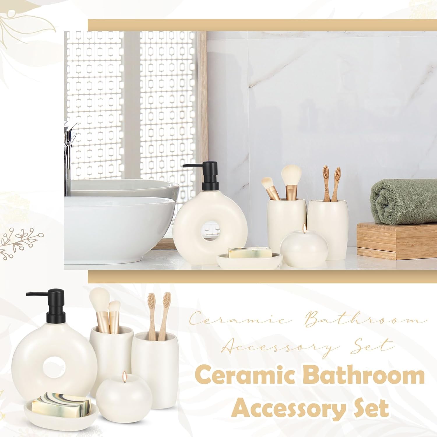 5 Pcs Ceramic Bathroom Accessory Set in Beige