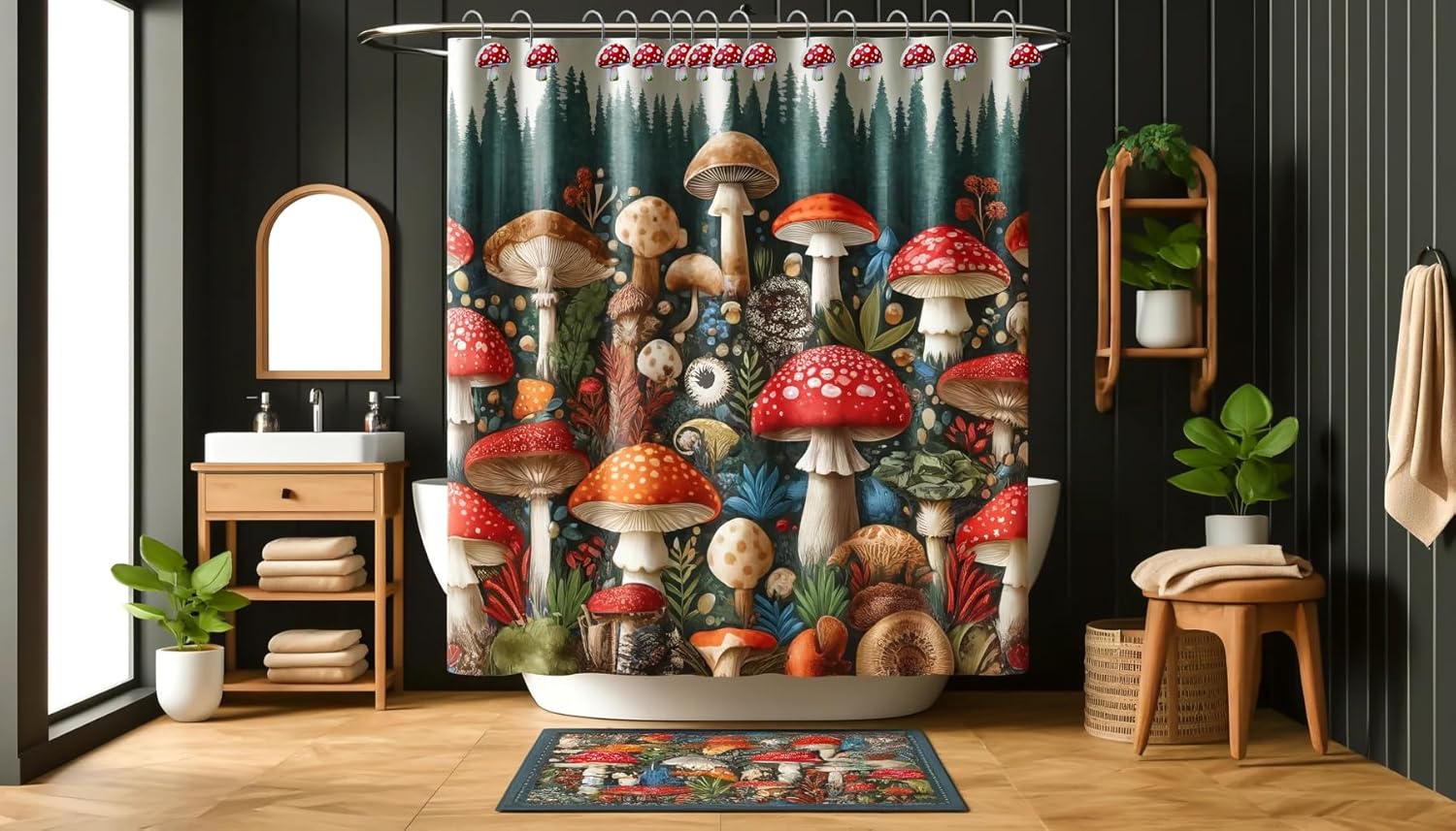Mushroom Shower Curtain Hooks Whimsical Bathroom Decor - Set of 12