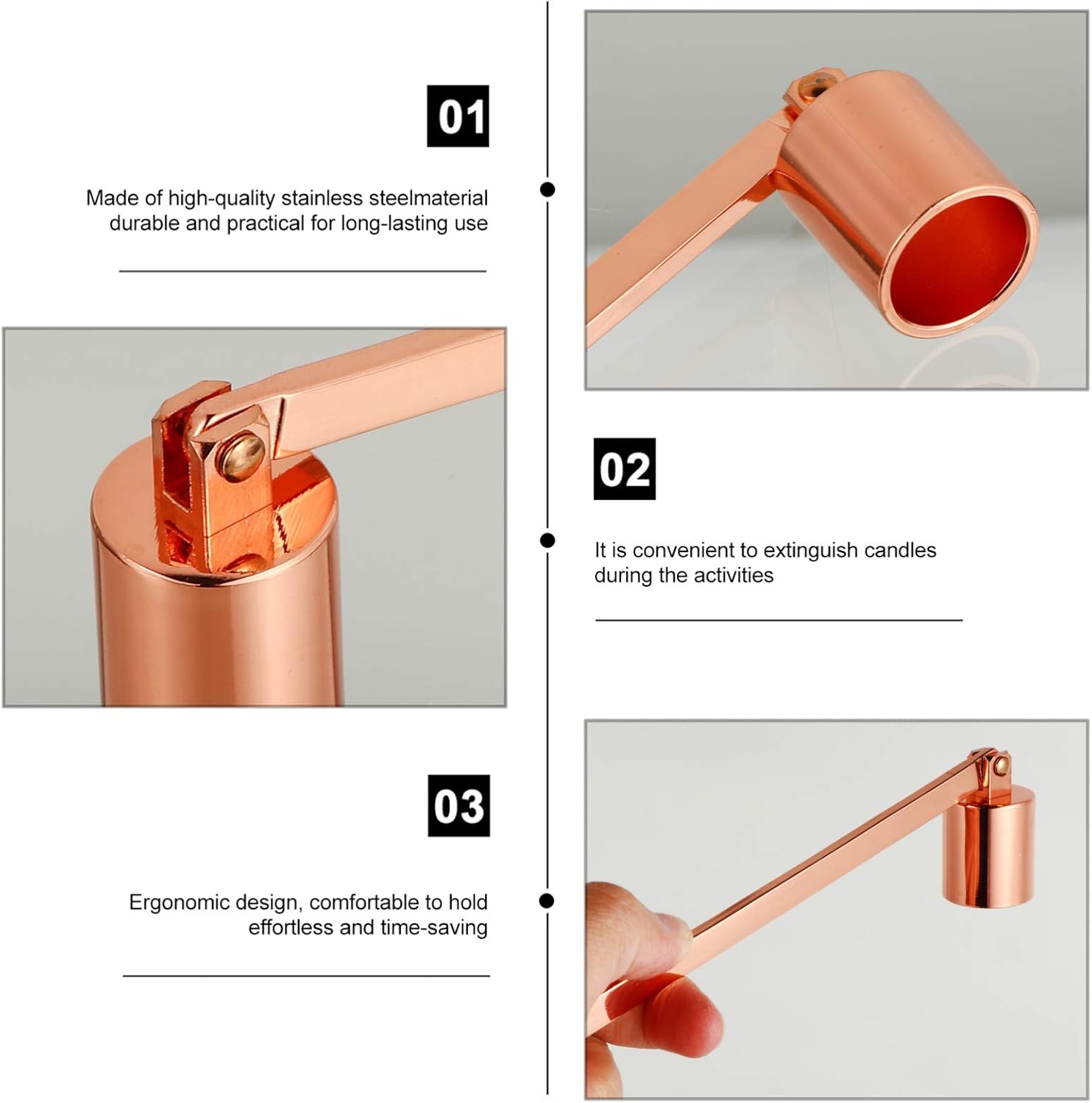 Sturdy stainless steel rose gold candle snuffer