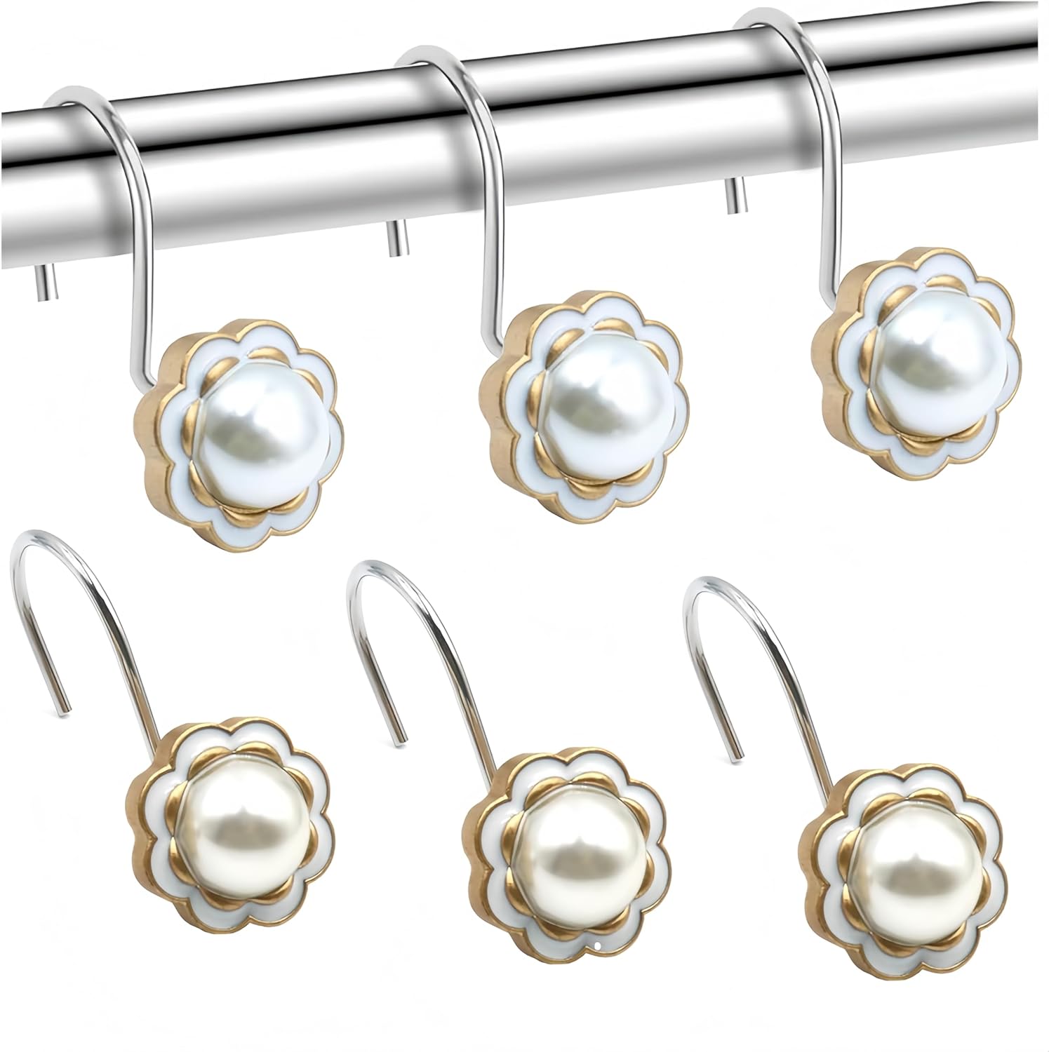 Stylish Pearl Flower 12pc Rust-Proof Showers Hangers for Home Bathroom