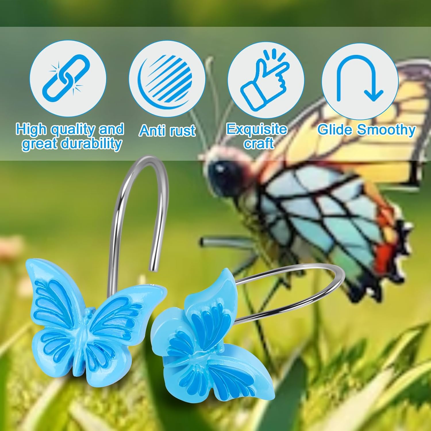 AGPTEK Decorative Butterfly Shower Curtain Hooks Set of 12 Blue
