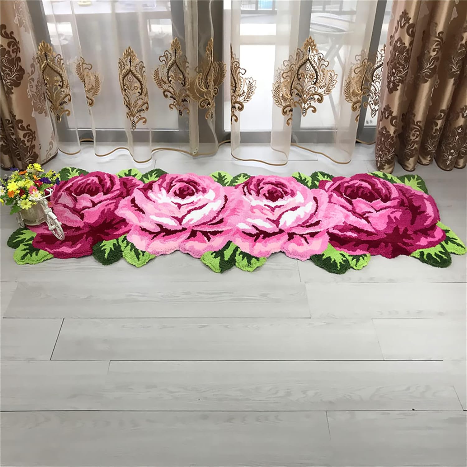 UKELER 65x236 inch Kitchen Runner Pink Rose Non-Slip Soft for Home