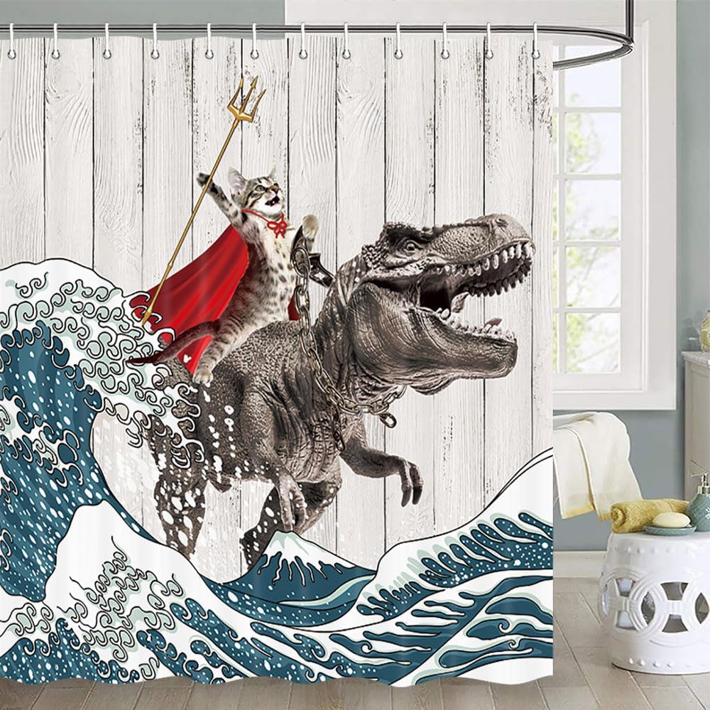 Fun Cat Dinosaur Showers Against the Wall