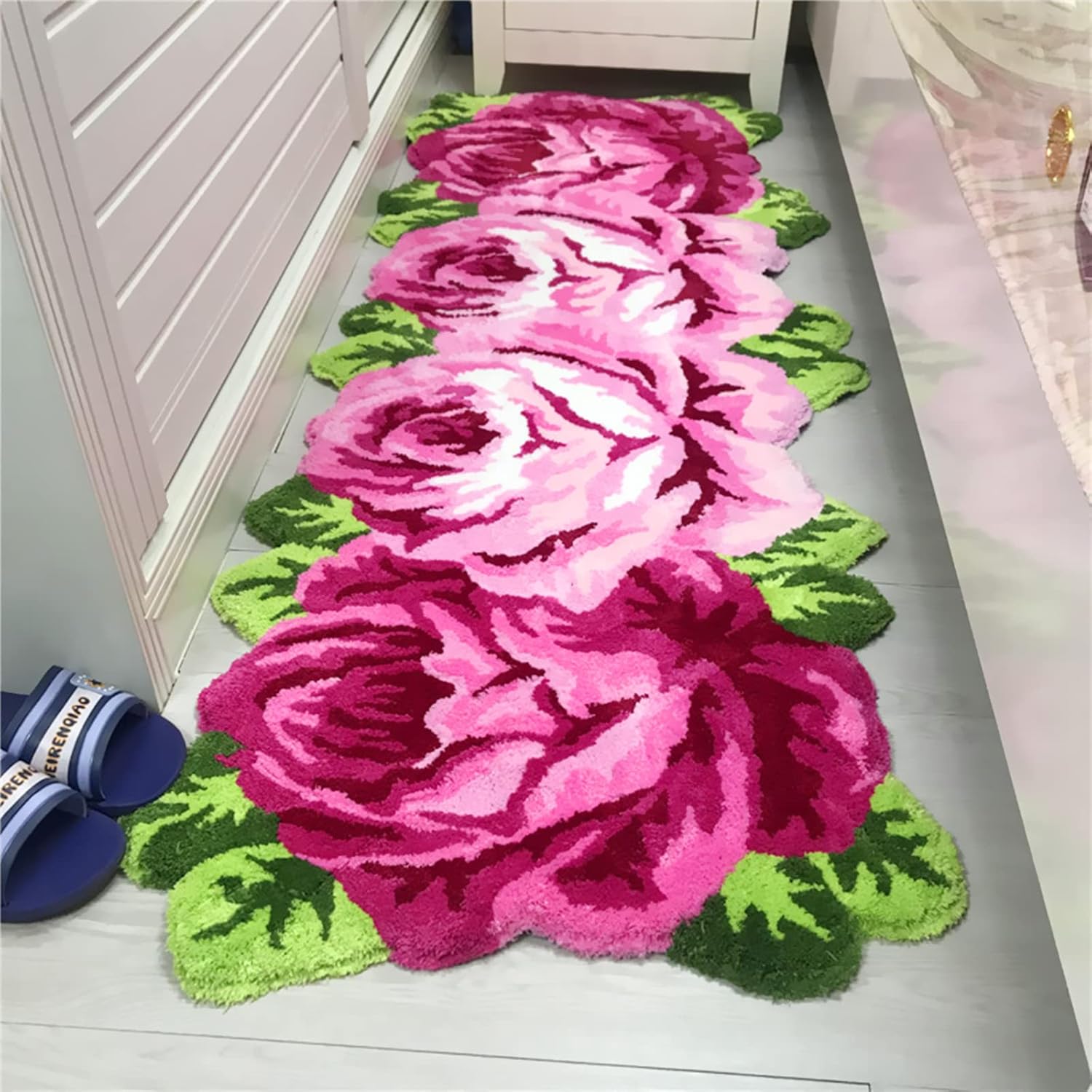 UKELER 65x236 inch Kitchen Runner Pink Rose Non-Slip Soft for Home