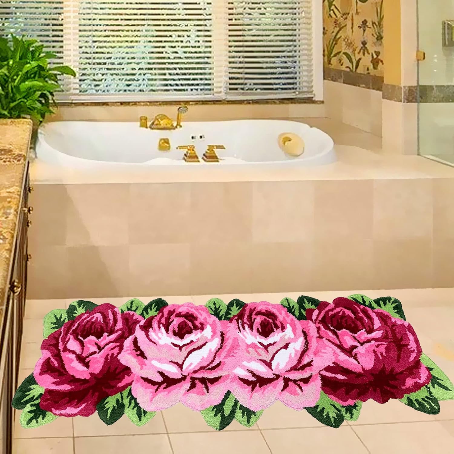 UKELER 65x236 inch Kitchen Runner Pink Rose Non-Slip Soft for Home