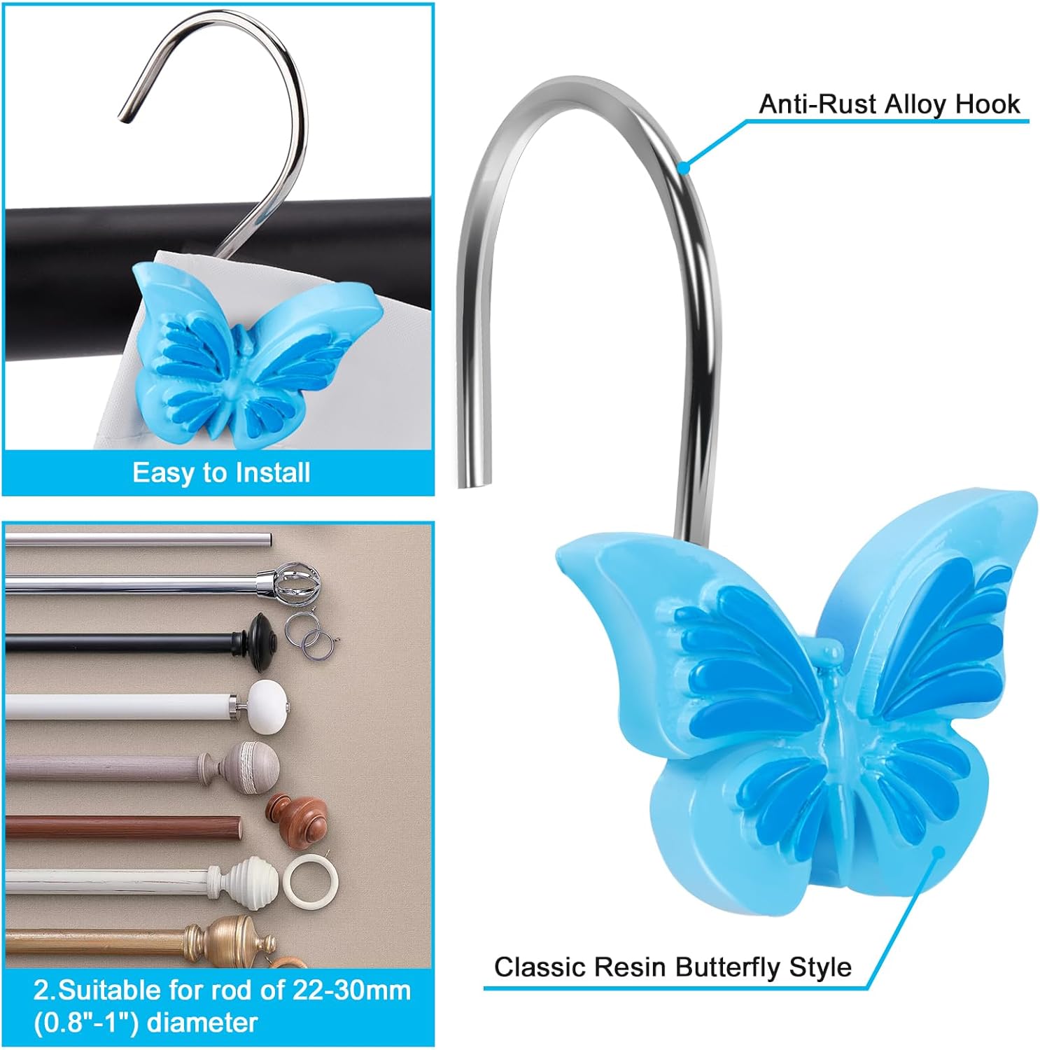 AGPTEK Decorative Butterfly Shower Curtain Hooks Set of 12 Blue