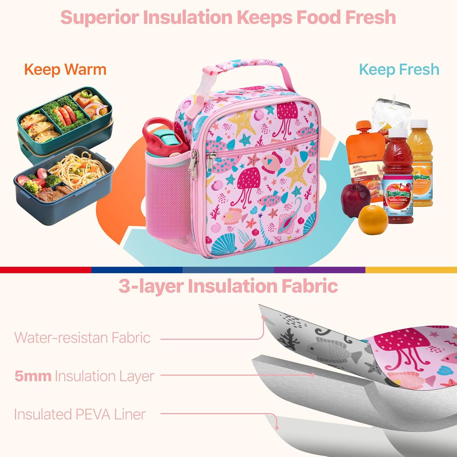 Bagseri Lunch Bag for Kids - Pink Marine Animals