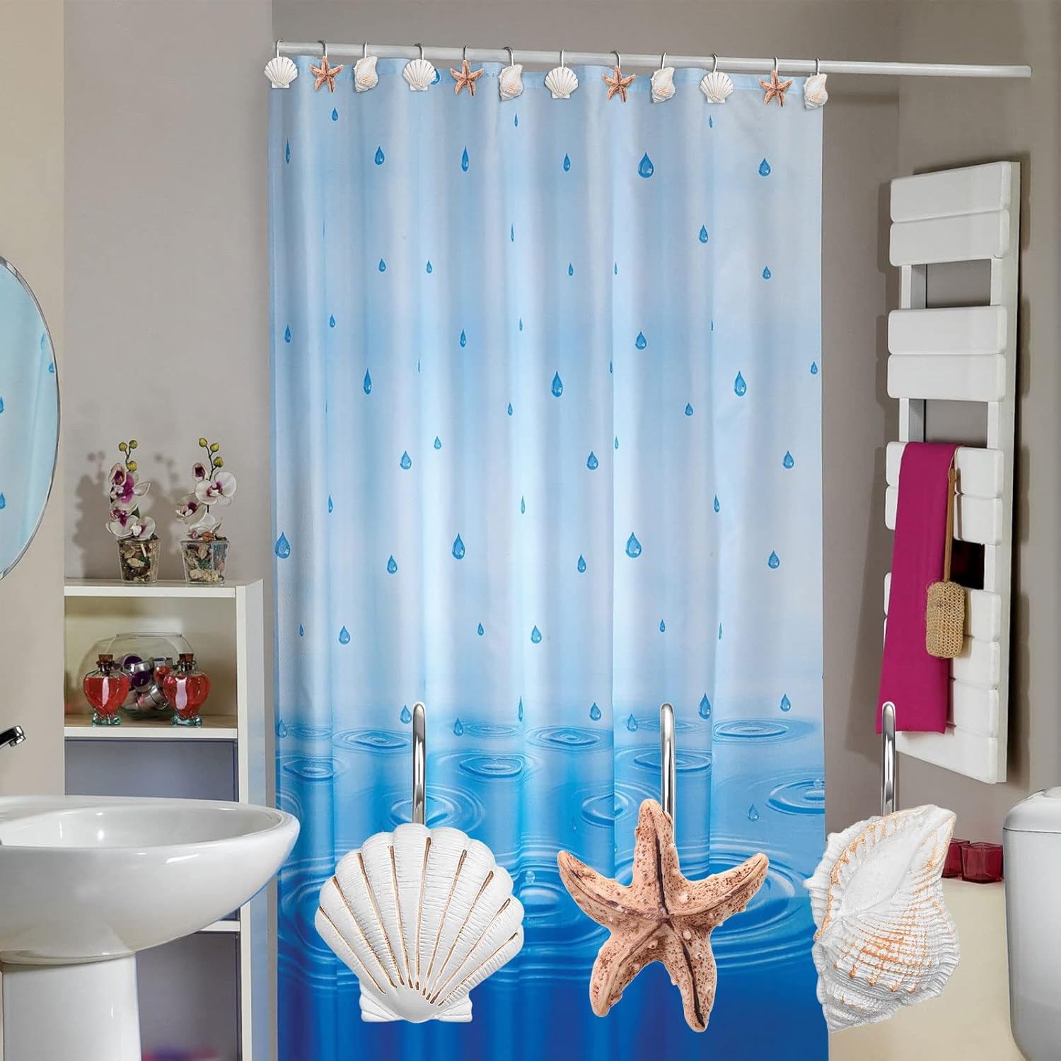 Elegant 12 Piece Seashell Shower curtain Hooks in Light Brown