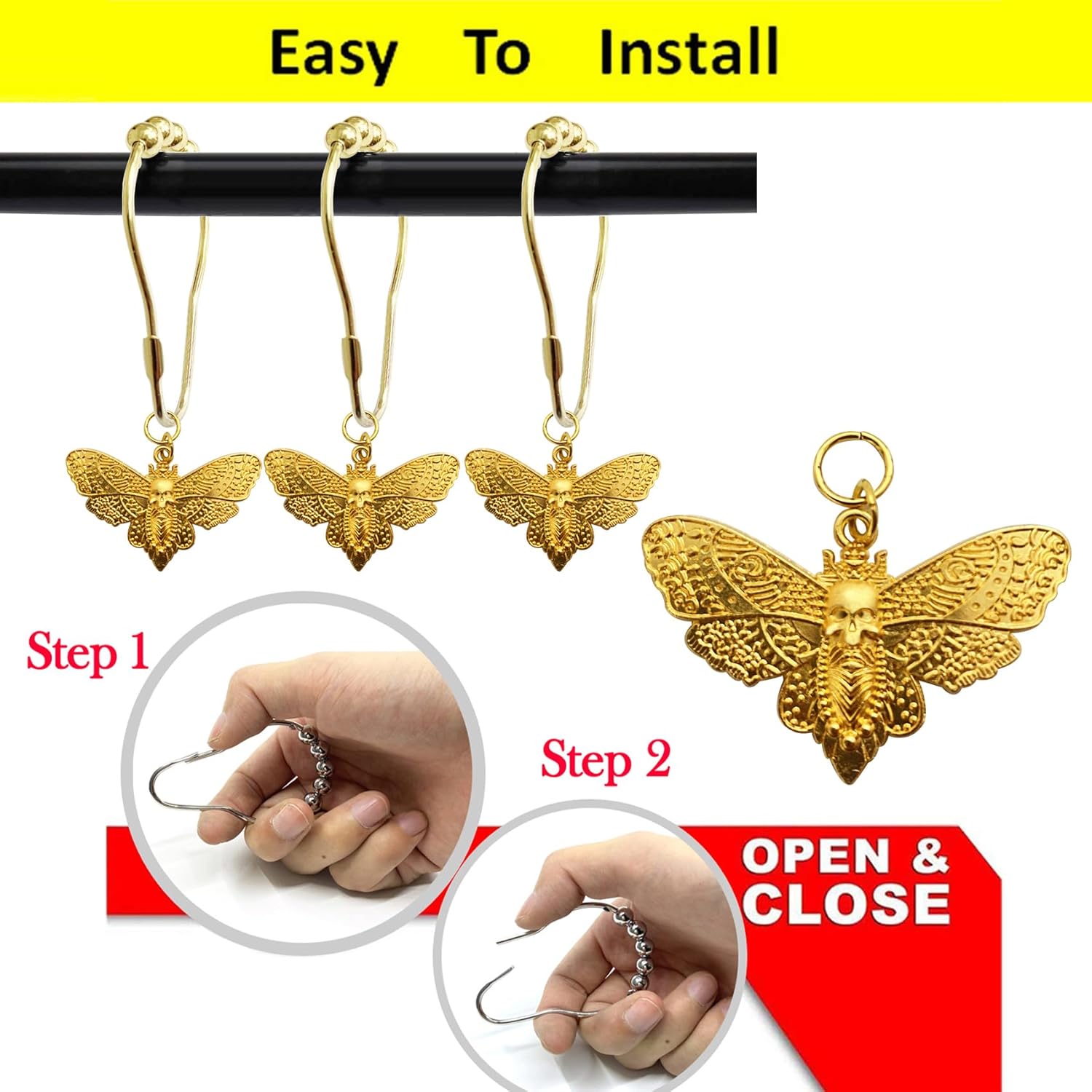Stylish Skull Moth Decorative Shower Hooks 12pcs Gold
