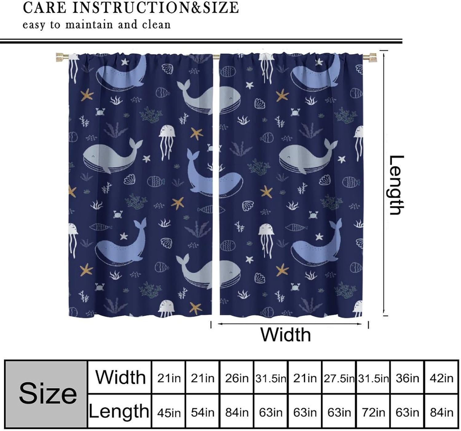 Whale Window Curtains for Kids Cartoon Se jellyfish Decor