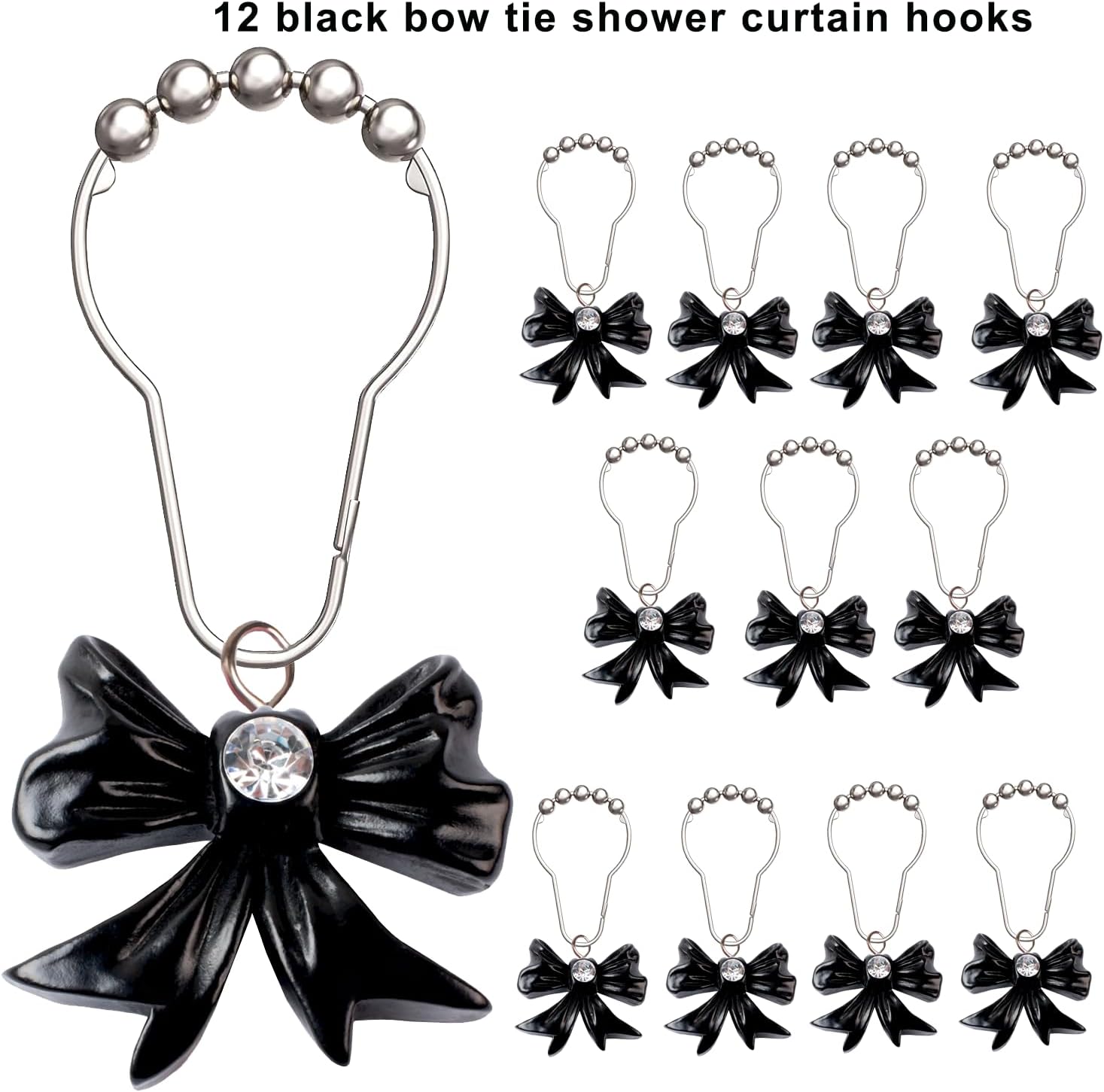 12-Piece Set of Black Bow Knot Shower Curtain Hooks for Bathrooms