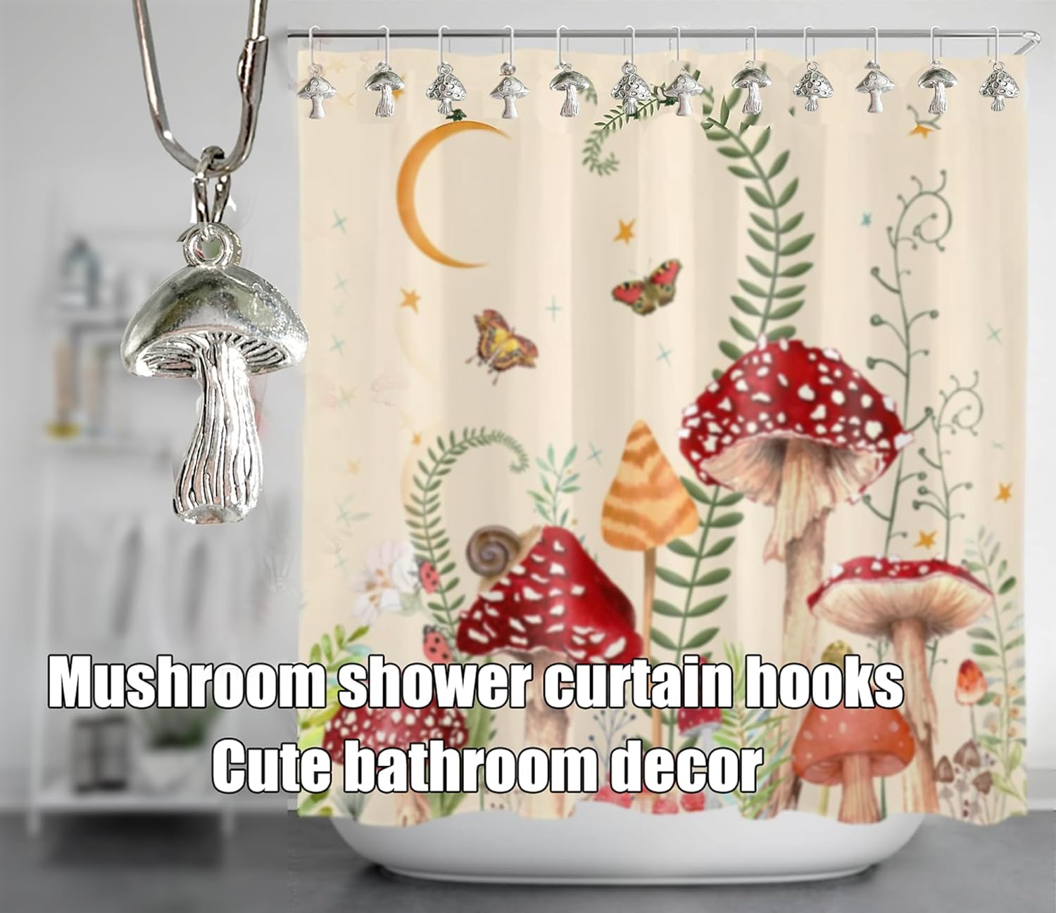 Mushroom Shower Curtain Hooks Boho Retro Cute Design