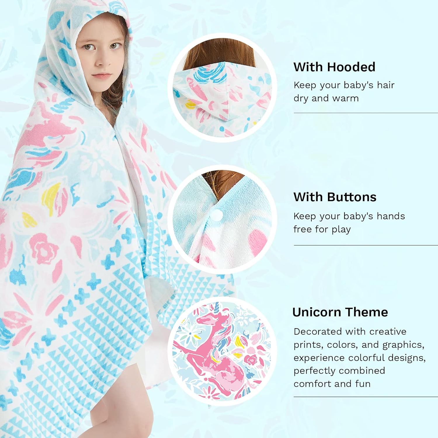 Girls Hooded Bath Towel with Mermaid and Unicorn Designs