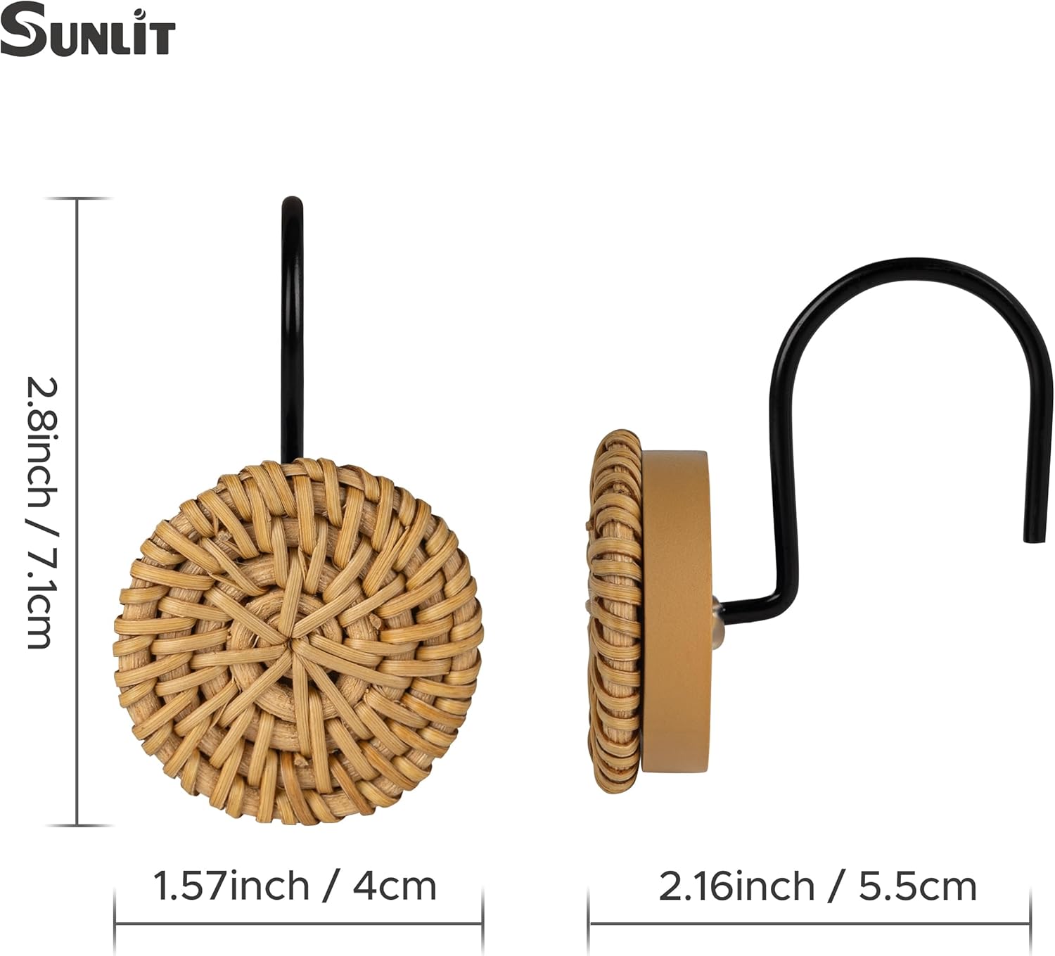 Sunlit Boho Chic Woven Wicker Rattan Shower Curtain Hooks 12-Piece Set