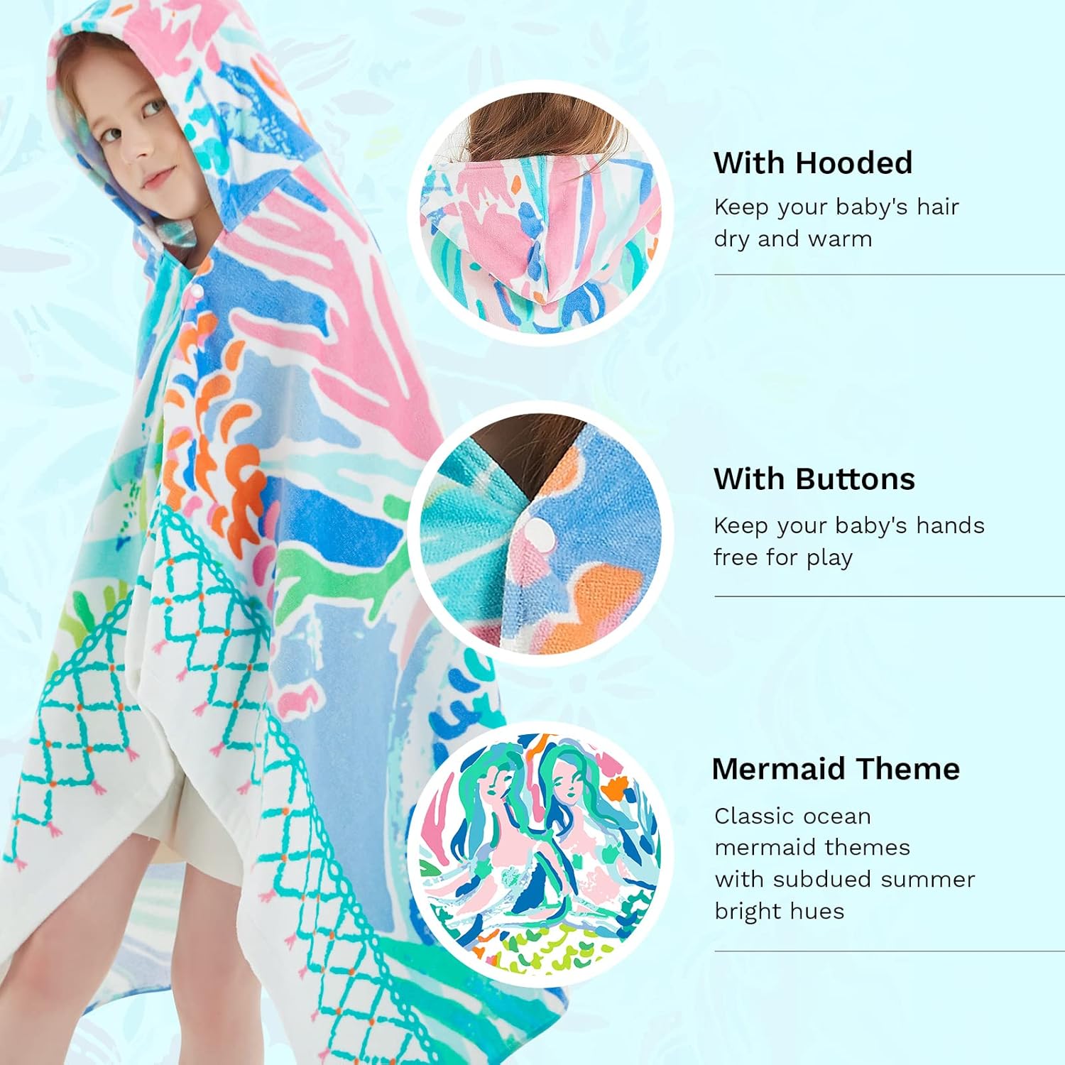 Girls Hooded Bath Towel with Mermaid and Unicorn Designs