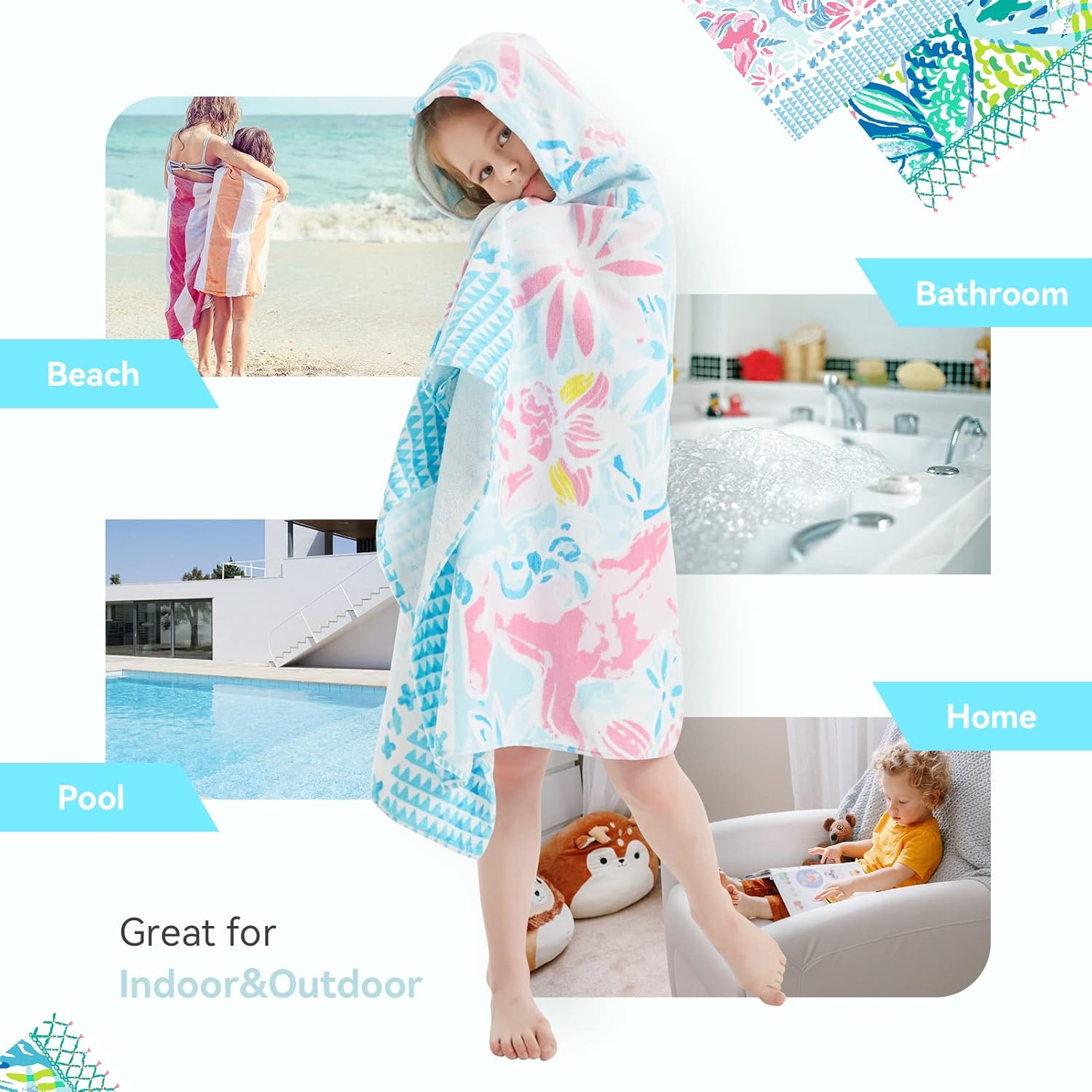 Girls Hooded Bath Towel with Mermaid and Unicorn Designs