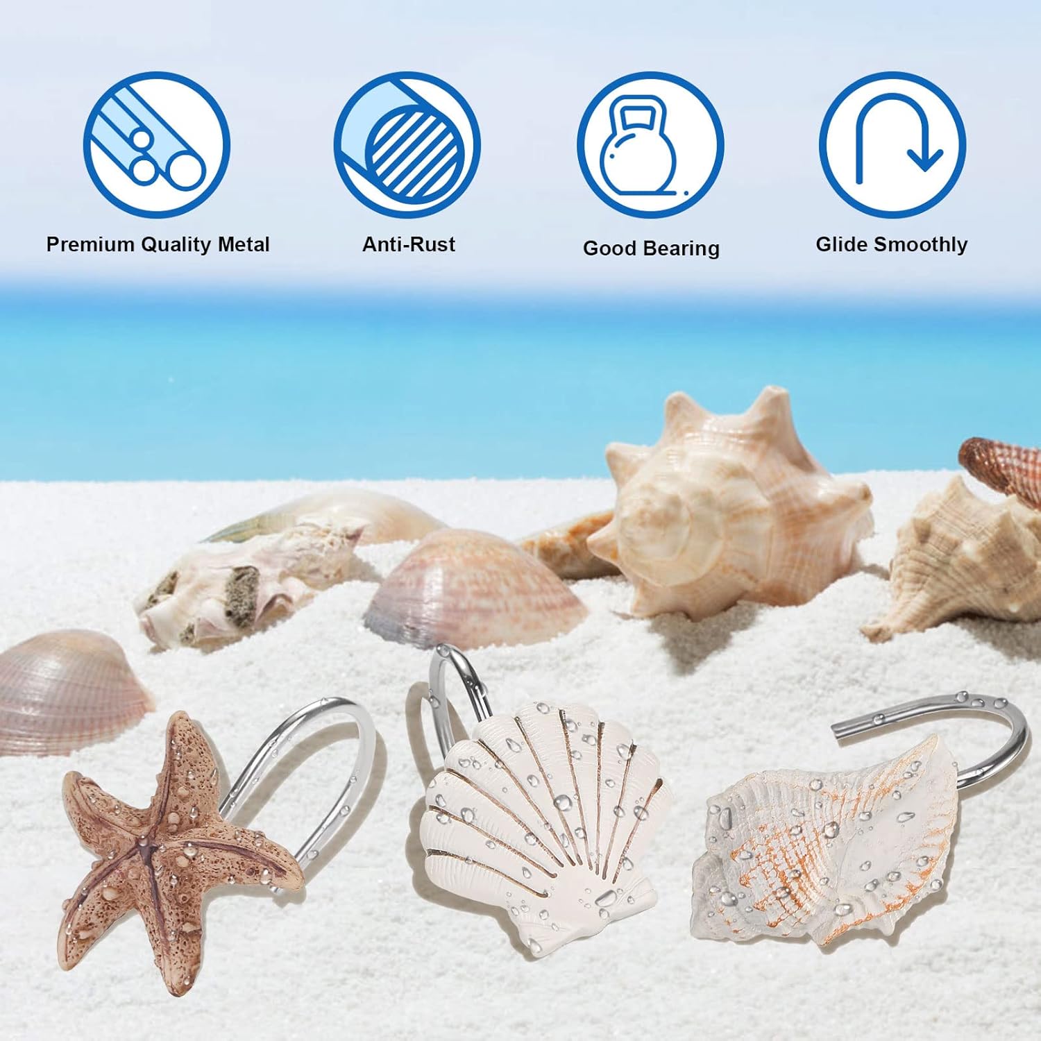 Elegant 12 Piece Seashell Shower curtain Hooks in Light Brown