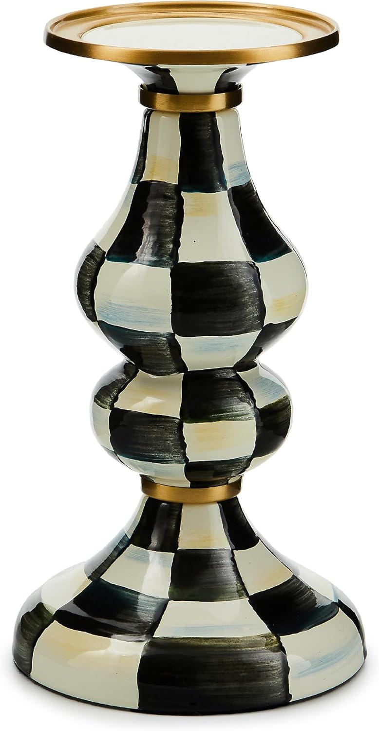 Candleholder - Cute Black White Courtly Check Enamel Pillar Candle Stand