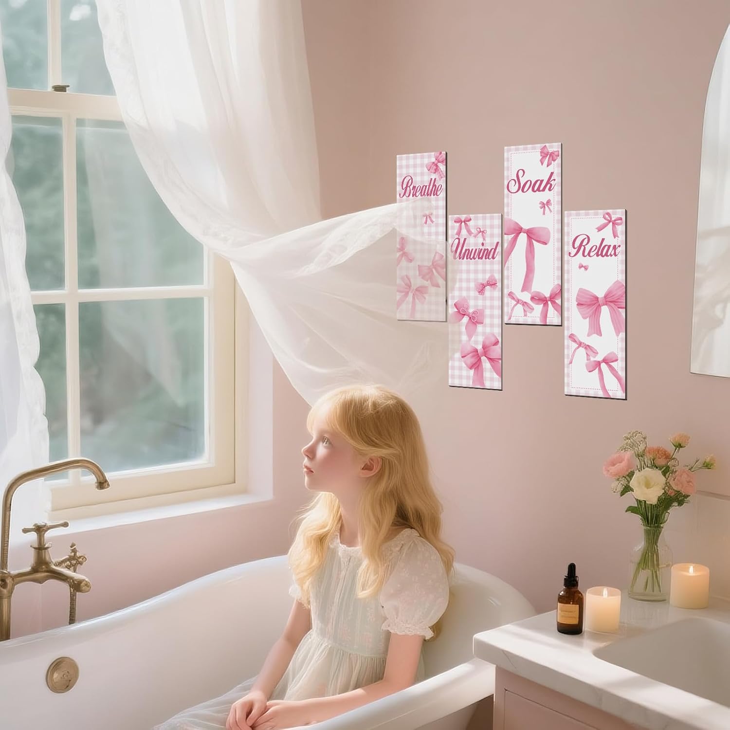 4 Piece Pink Bow Bathroom Wall Decor Set