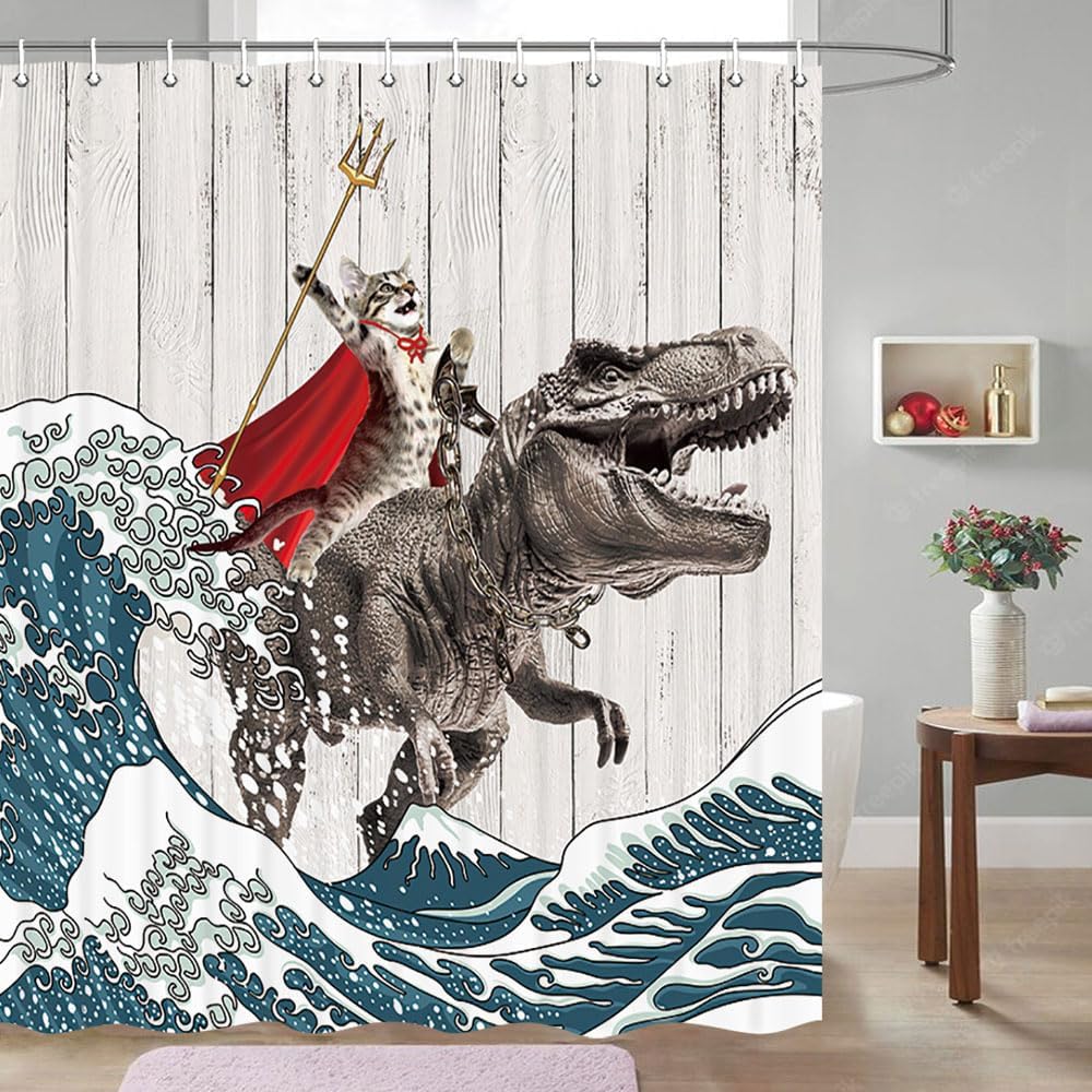 Fun Cat Dinosaur Showers Against the Wall