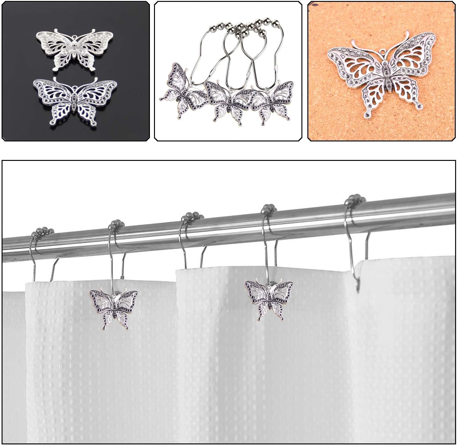 12-Piece Rustproof Butterfly Shower Curtain Hangers Garden Nature Themed