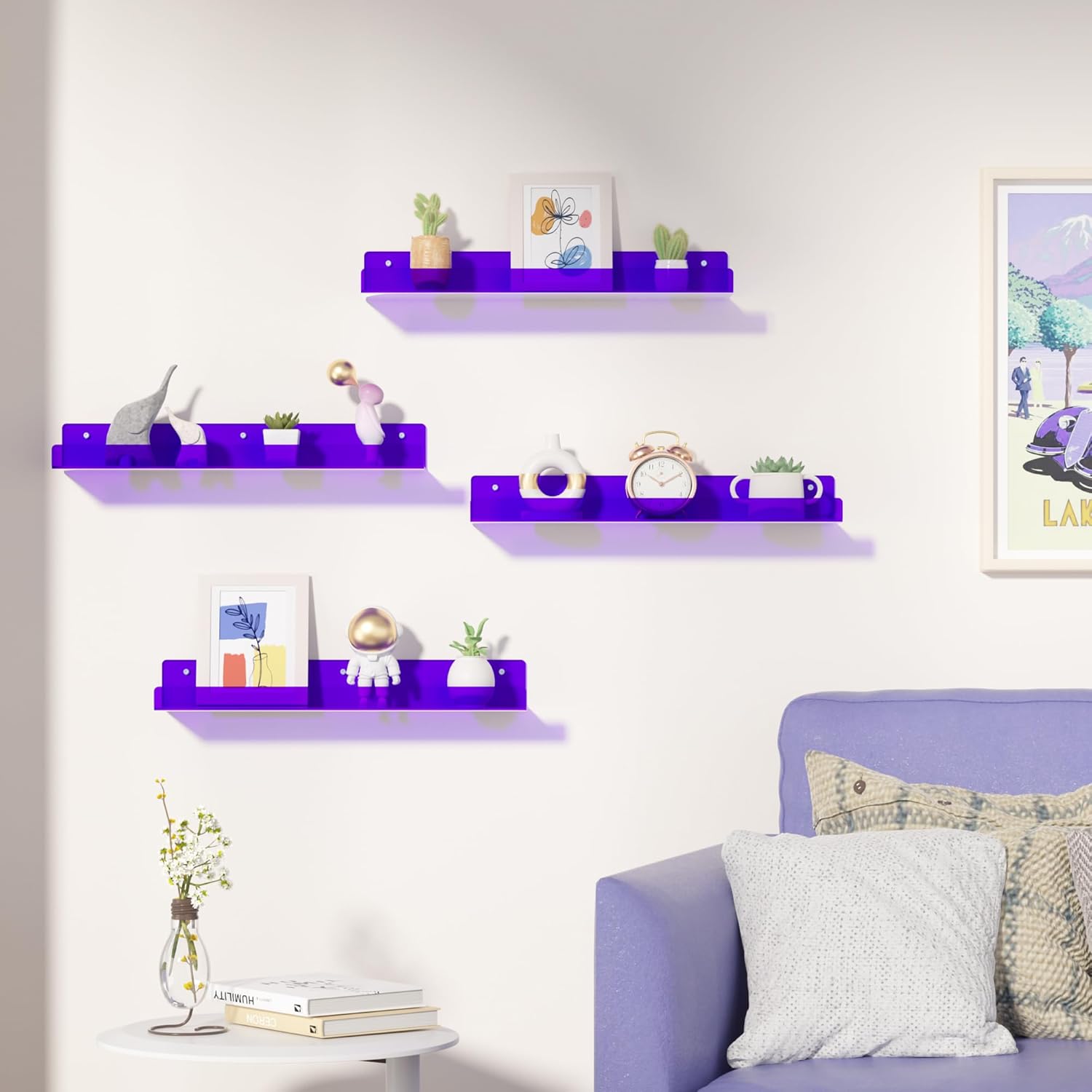 4-Piece Floating Acrylic Shelves for Wall Storage 15 Clear Purple