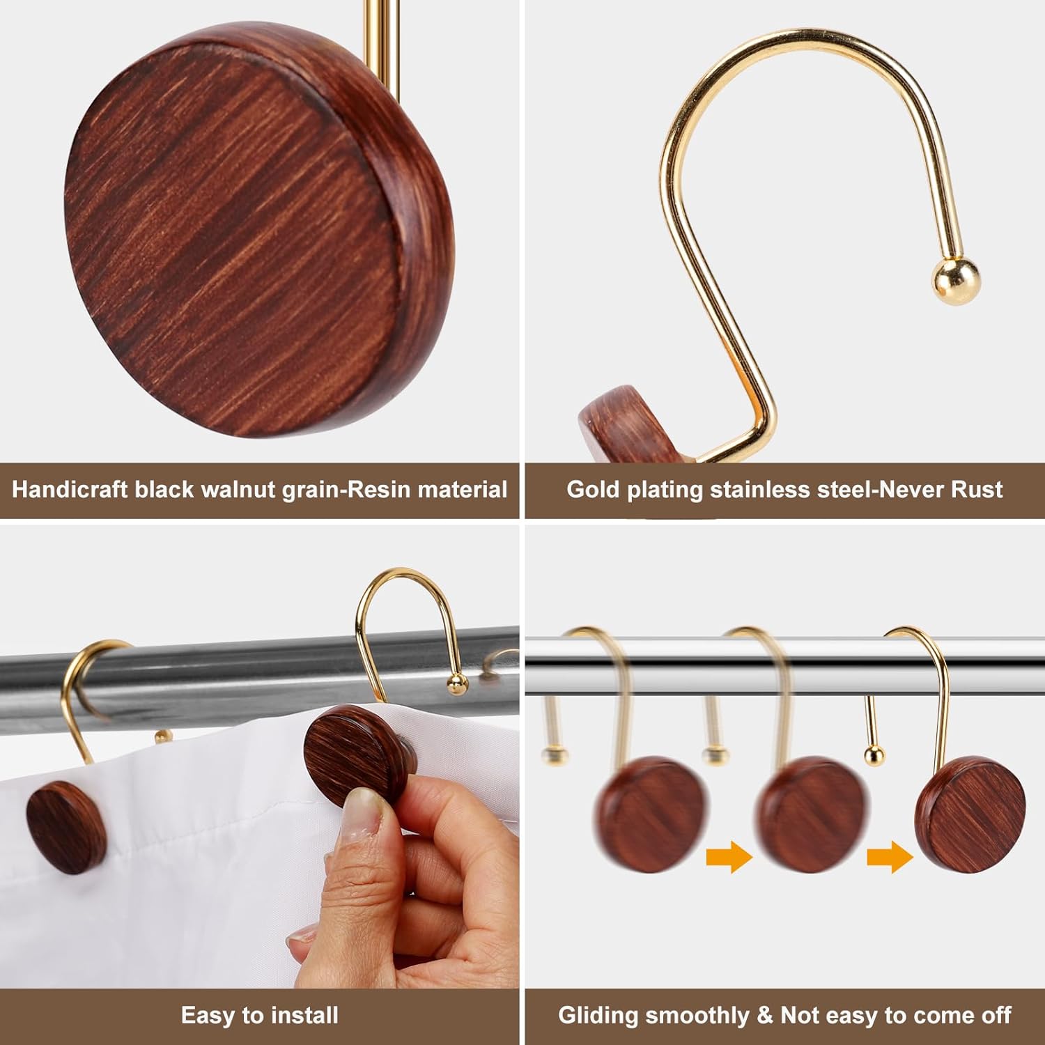 YanKitour Shower Curtain Hooks 12 Pack Black Walnut Gold