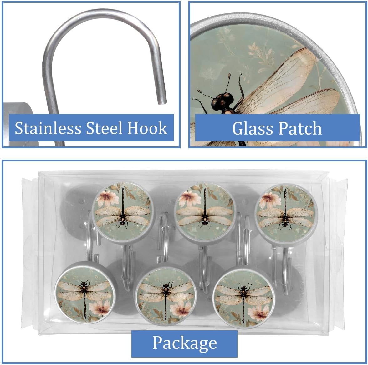 Set of 12 Glass Shower Curtain Hangers Rust-Proof Durable for Bathroom
