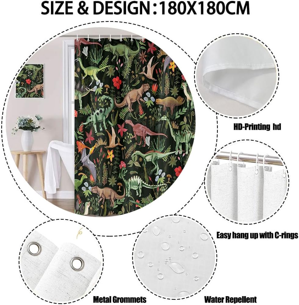 Wathon Dinosaurs Bath Curtain with 12 Hooks
