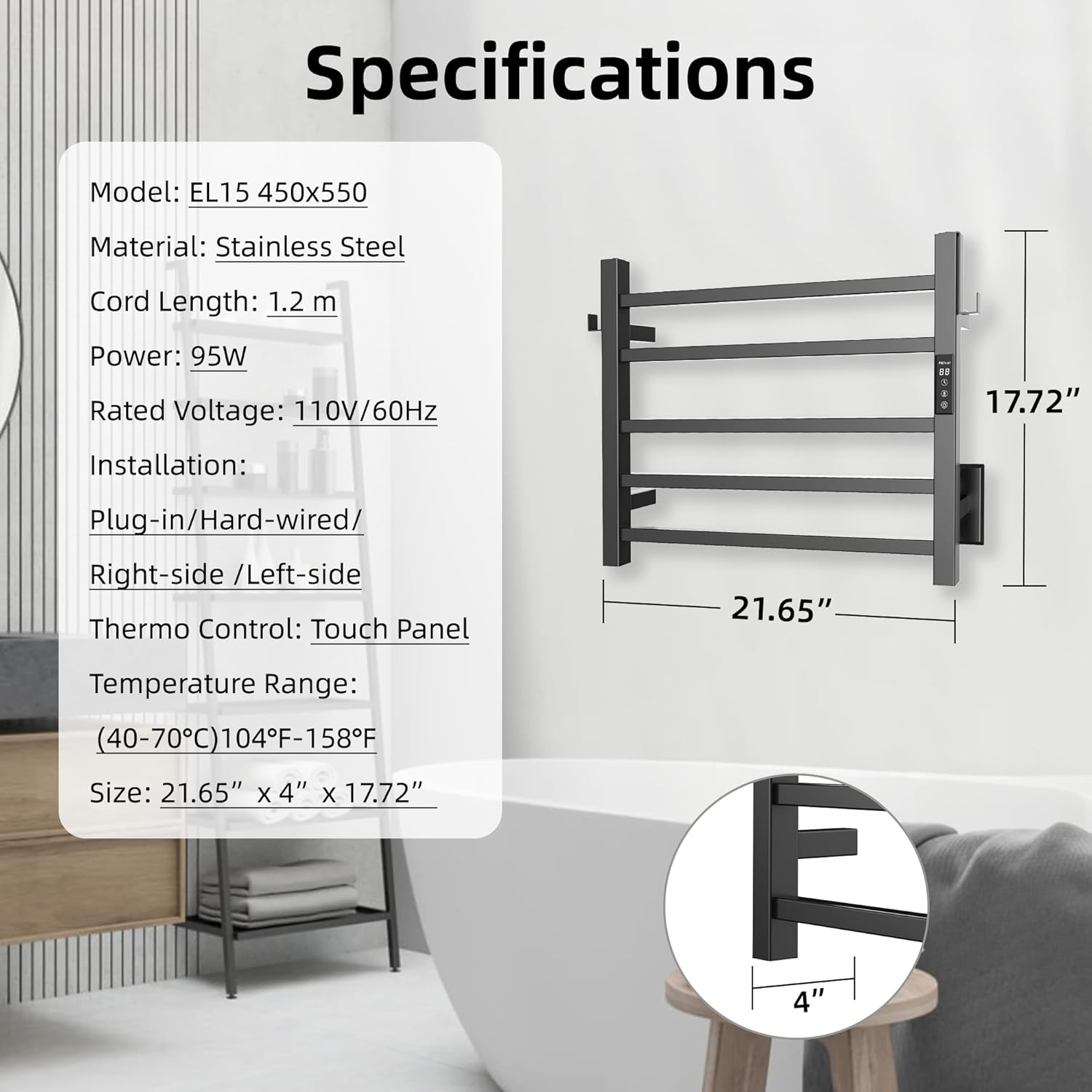 PBhusri Heated Towel Rack 5 Bar Matte Black