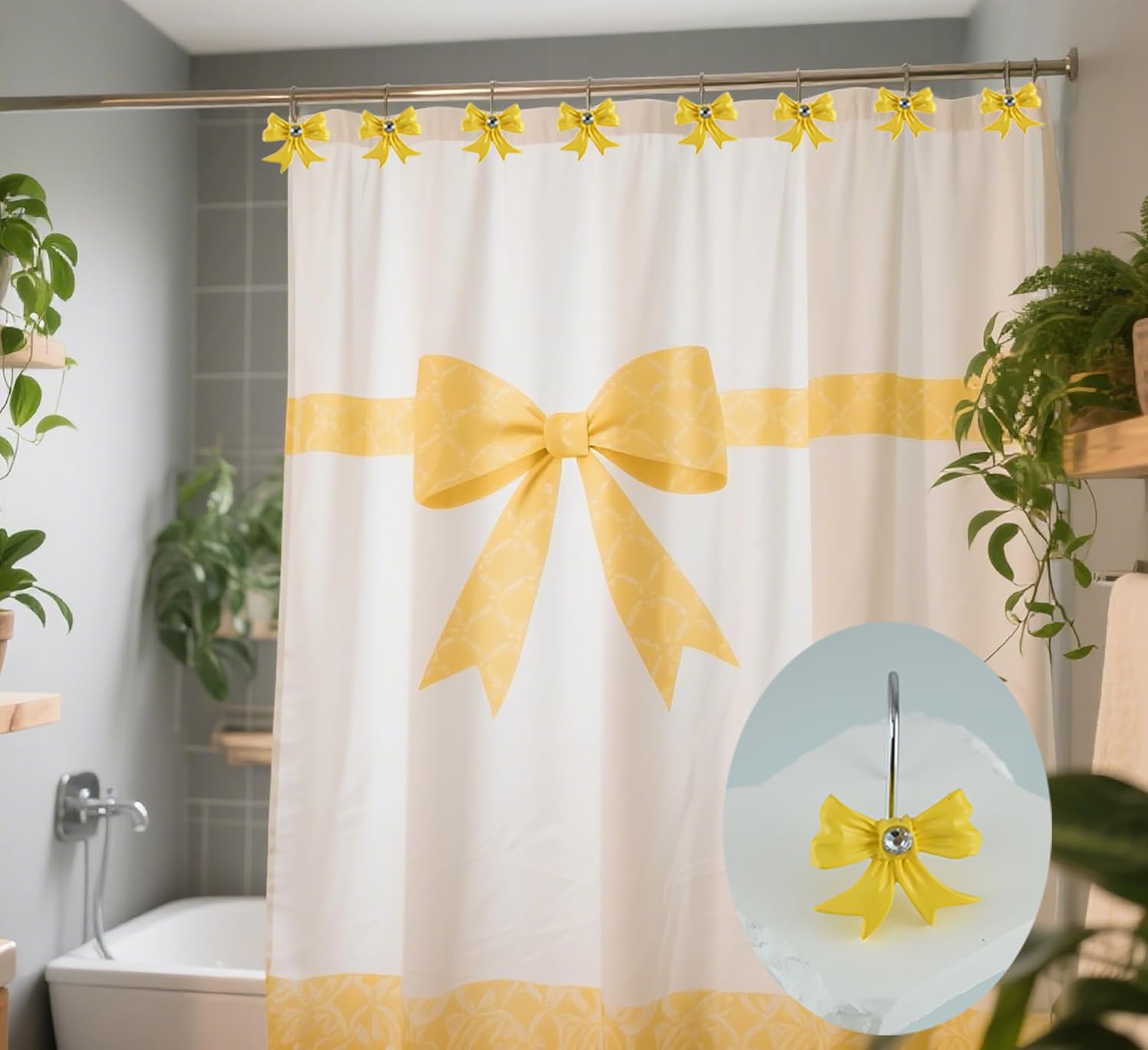 Yellow Decorative Shower Curtain Hooks 12PCS Set with Rhinestone Design