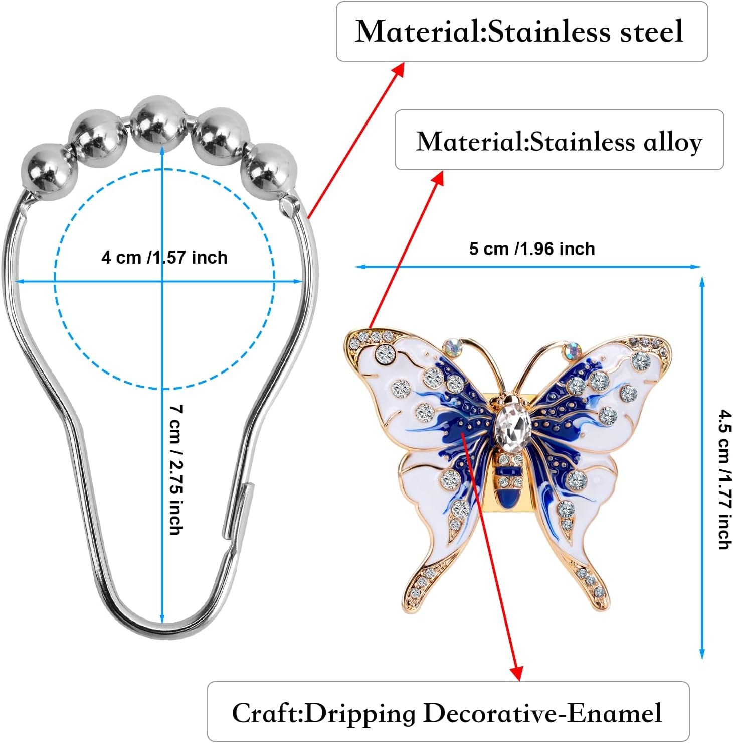 Elerslodia Blue Butterflies Decorative Shower Curtain Hook Set