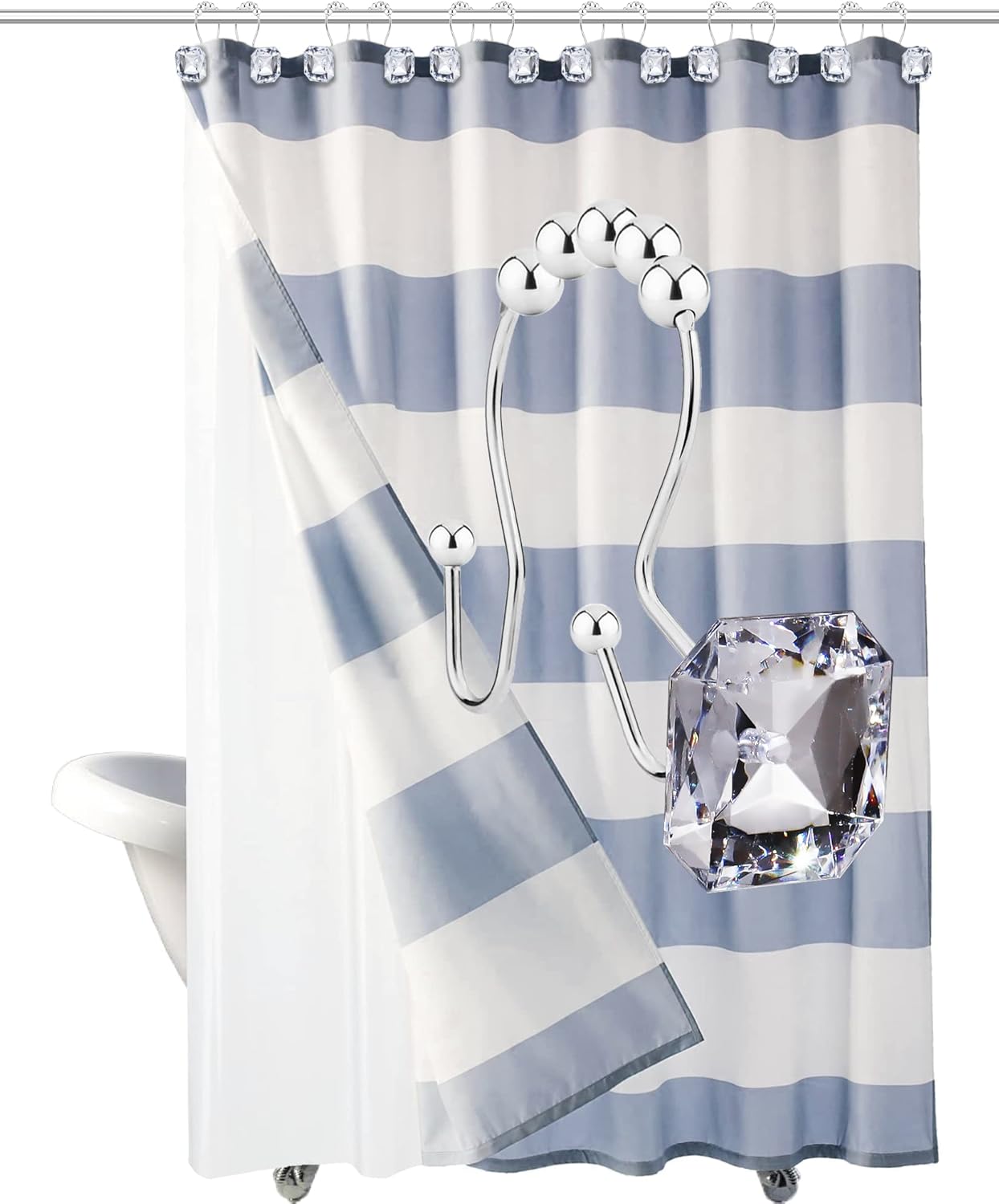 12-Piece Double Shower curtain Ring with Glide Action Crystal Clarity
