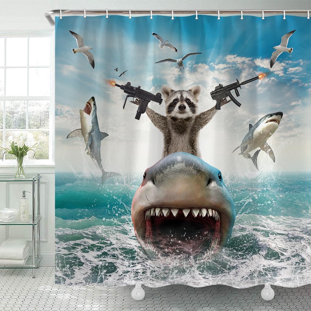 Funny Animal Shower Curtain Raccoon Shark Theme