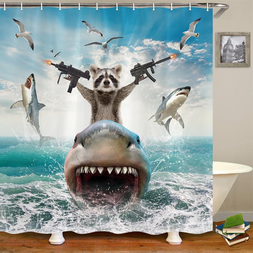 Funny Animal Shower Curtain Raccoon Shark Theme