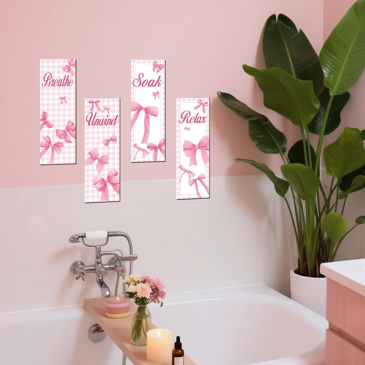 4 Piece Pink Bow Bathroom Wall Decor Set