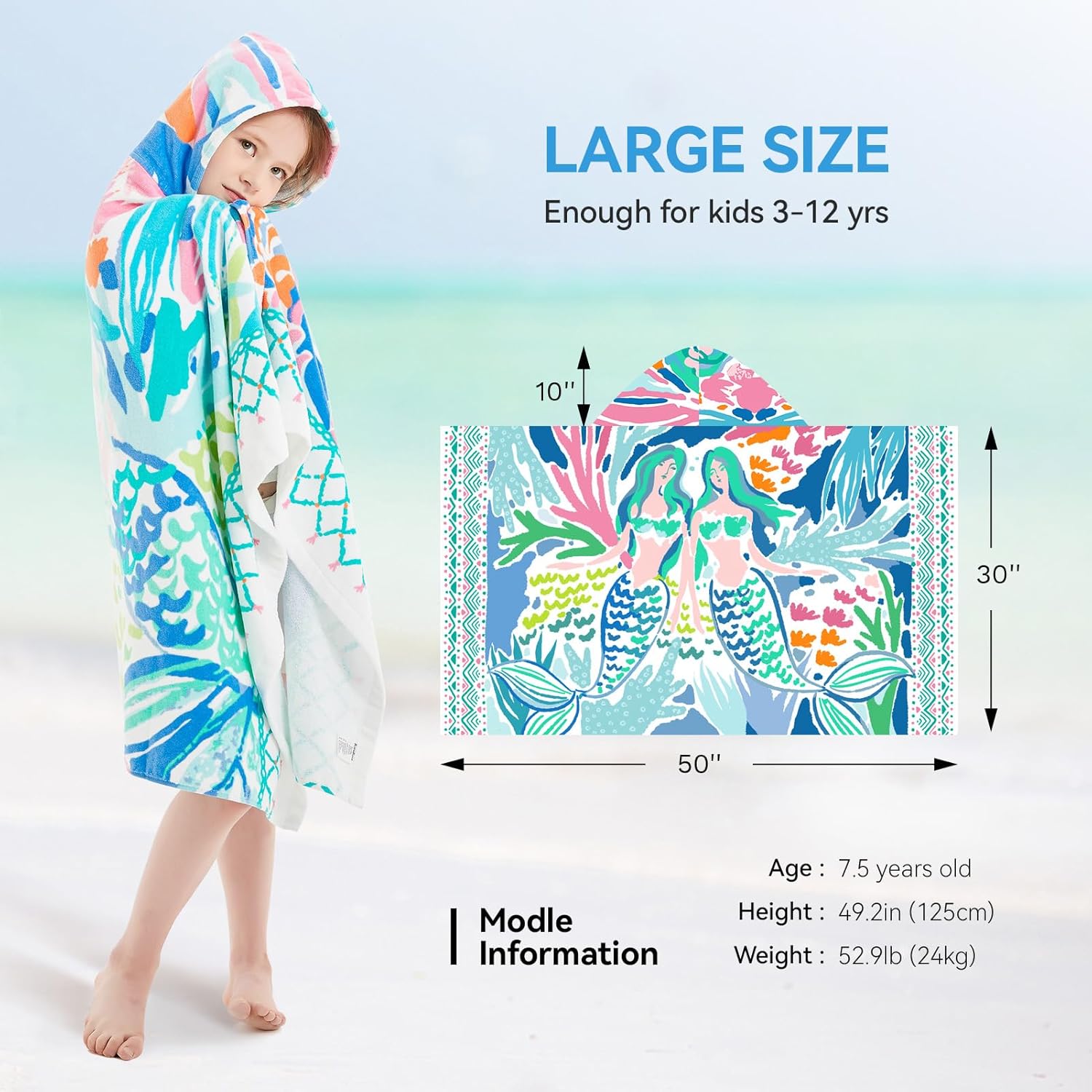 Girls Hooded Bath Towel with Mermaid and Unicorn Designs