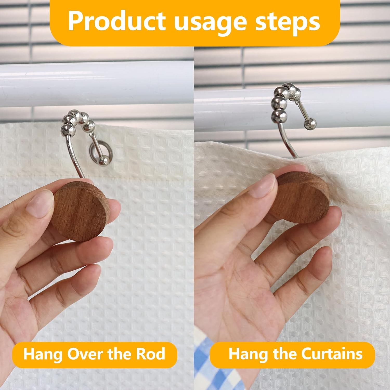 Modern Wood Shower Curtain Hooks 12PCS Silvery