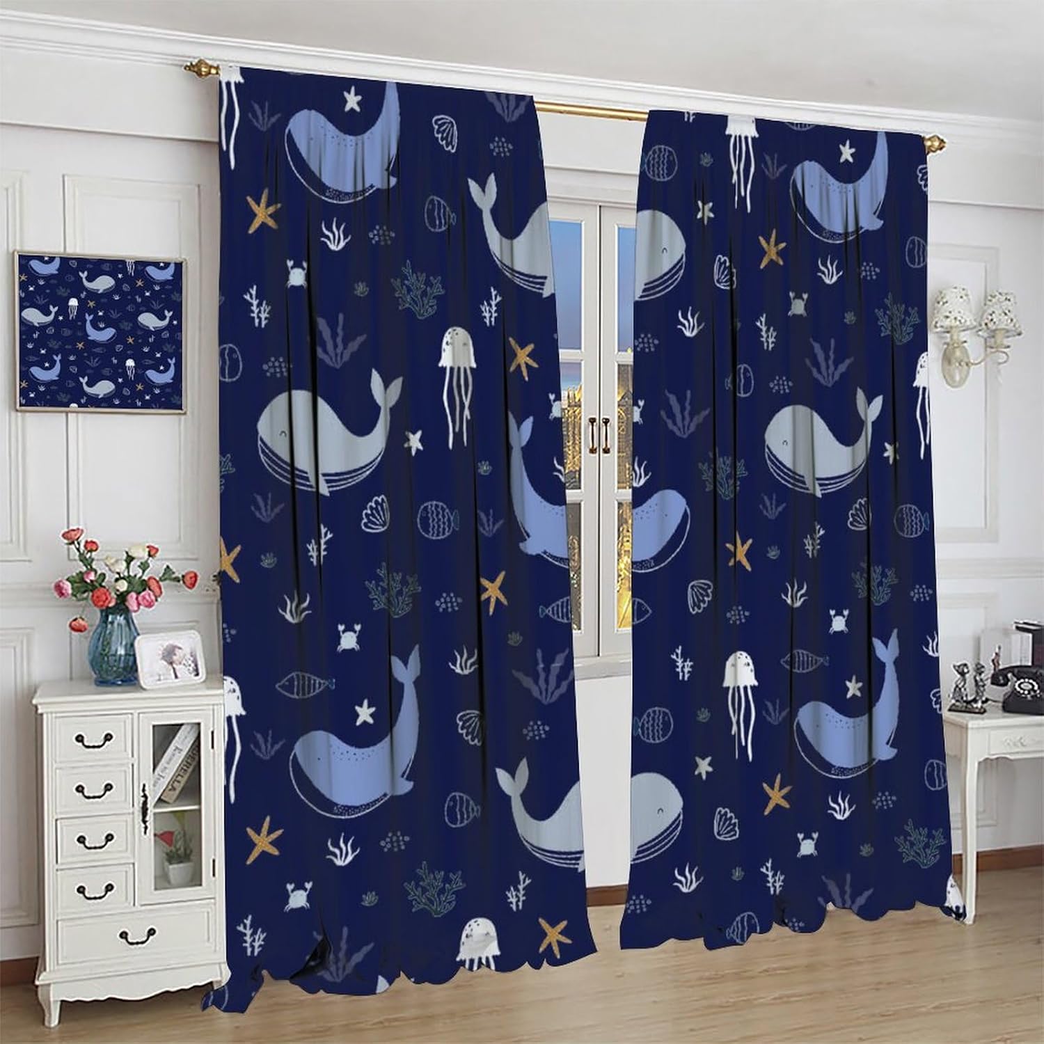 Whale Window Curtains for Kids Cartoon Se jellyfish Decor