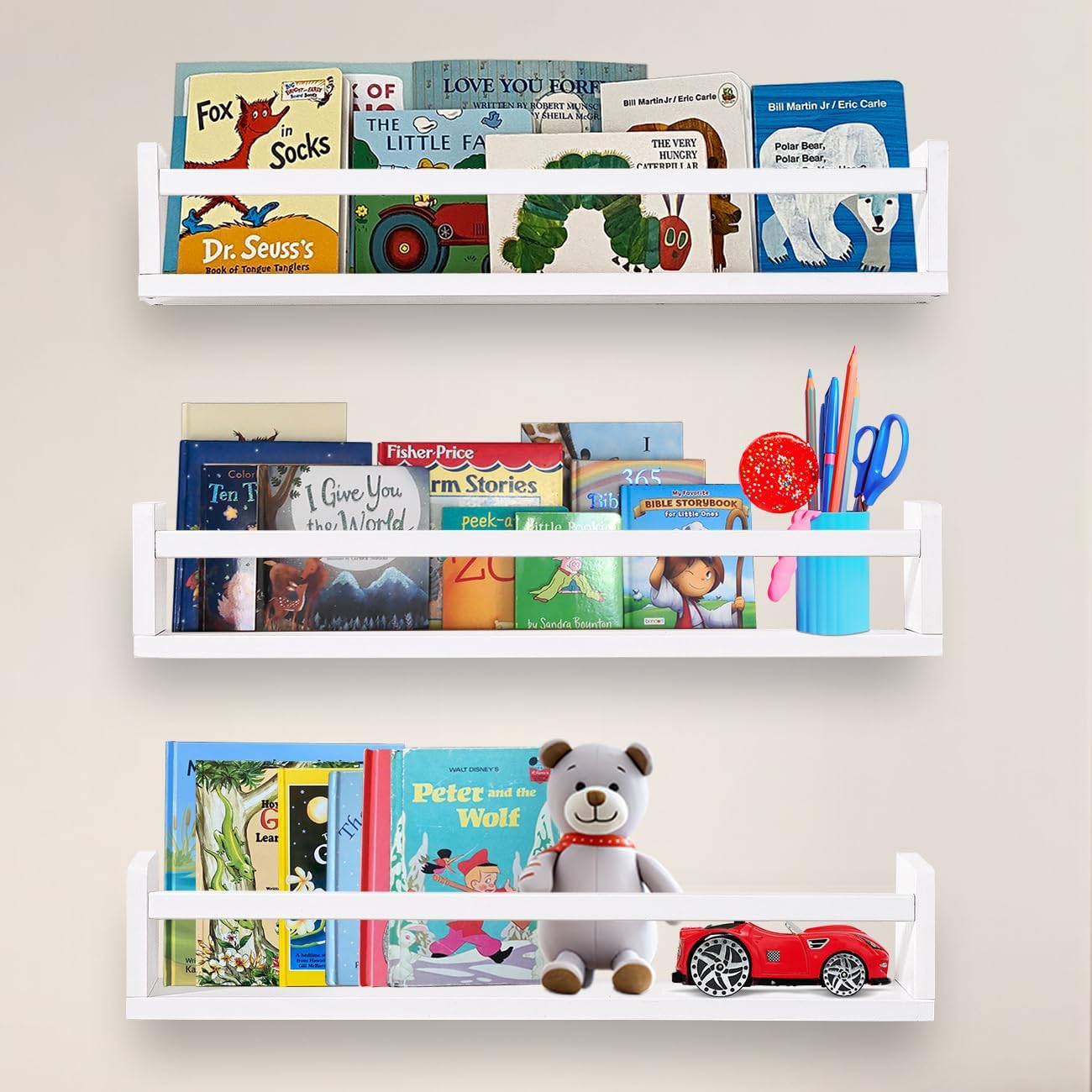 Sturdy 24 Floating Bookshelves for Kids Set of 3 Solid White wood
