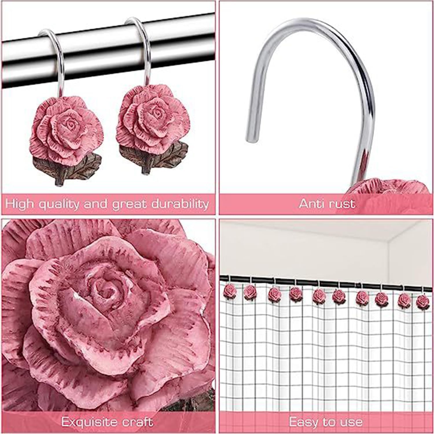 12PCS Pink Rose Decorative Shower Curtain Hooks